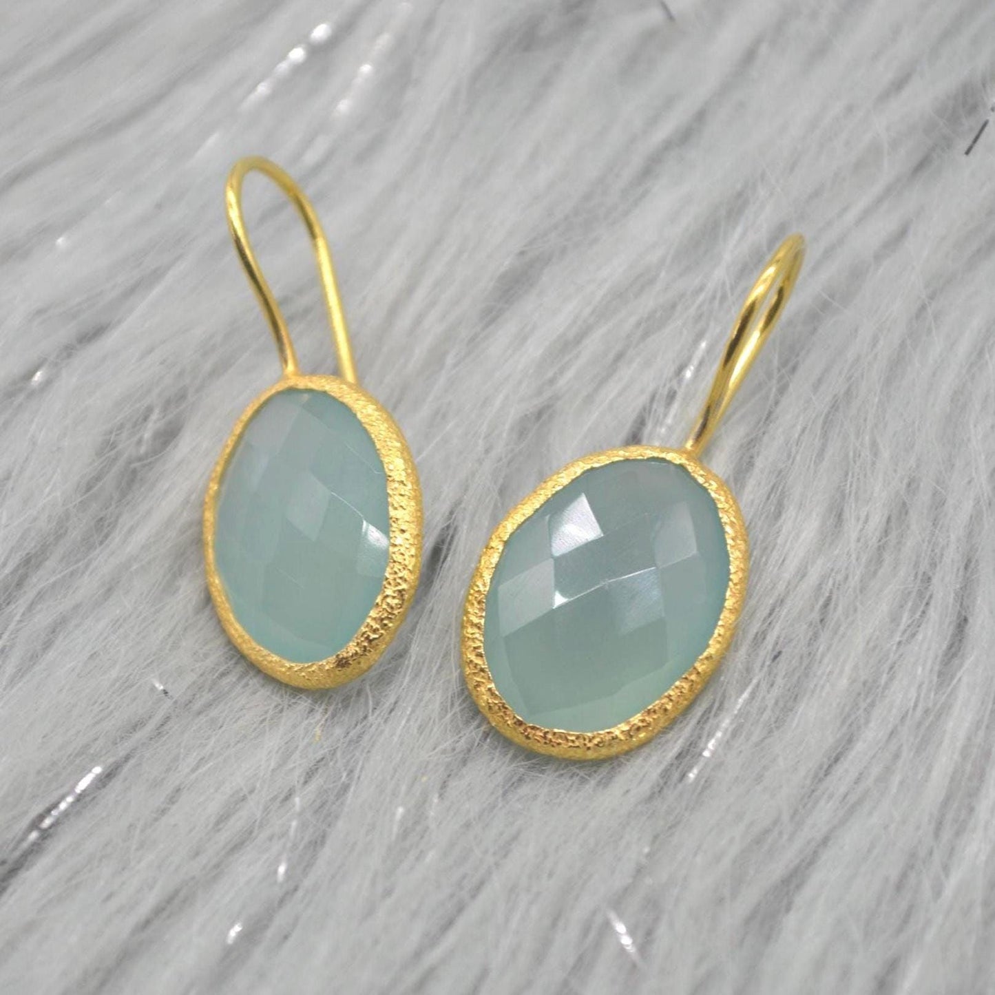 Aqua Chalcedony Gold Earrings: Dangle Drop, Sterling Silver, Oval Blue Gemstone Jewelry