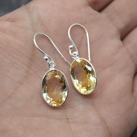 Oval Citrine Earrings: Dangle Drop, Sterling Silver, November Birthstone, Yellow Gemstone Jewelry