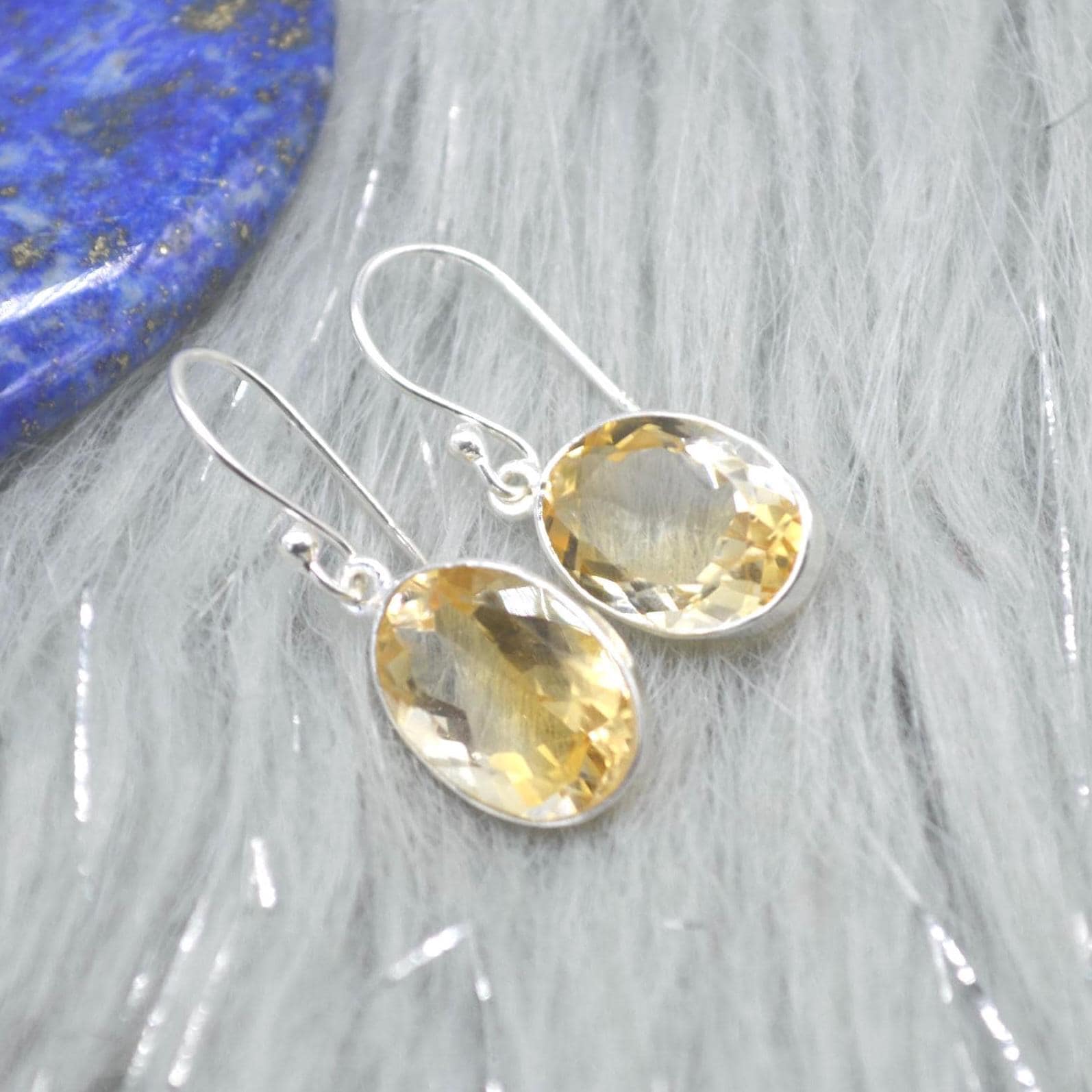 Oval Citrine Earrings: Dangle Drop, Sterling Silver, November Birthstone, Yellow Gemstone Jewelry