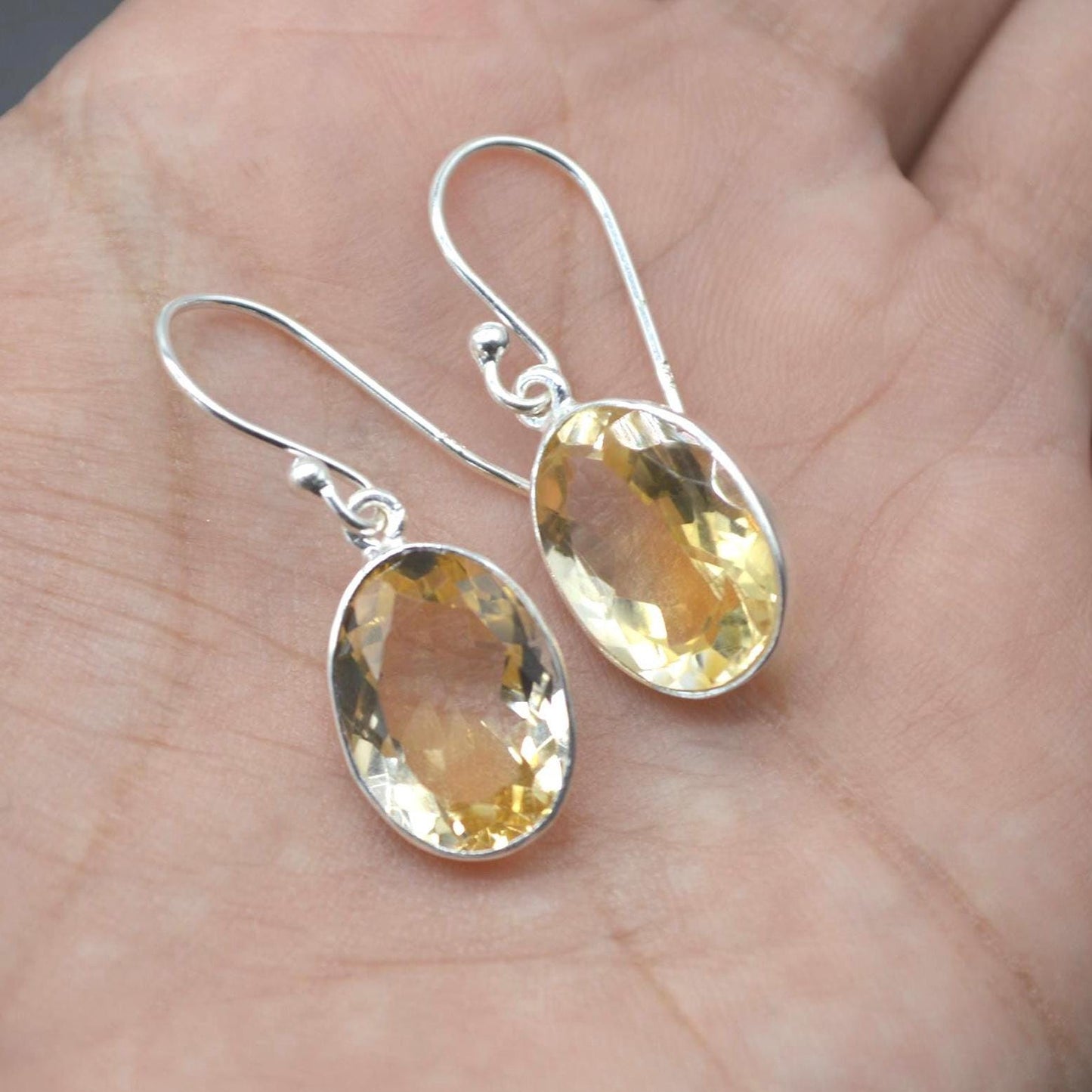 Oval Citrine Earrings: Dangle Drop, Sterling Silver, November Birthstone, Yellow Gemstone Jewelry