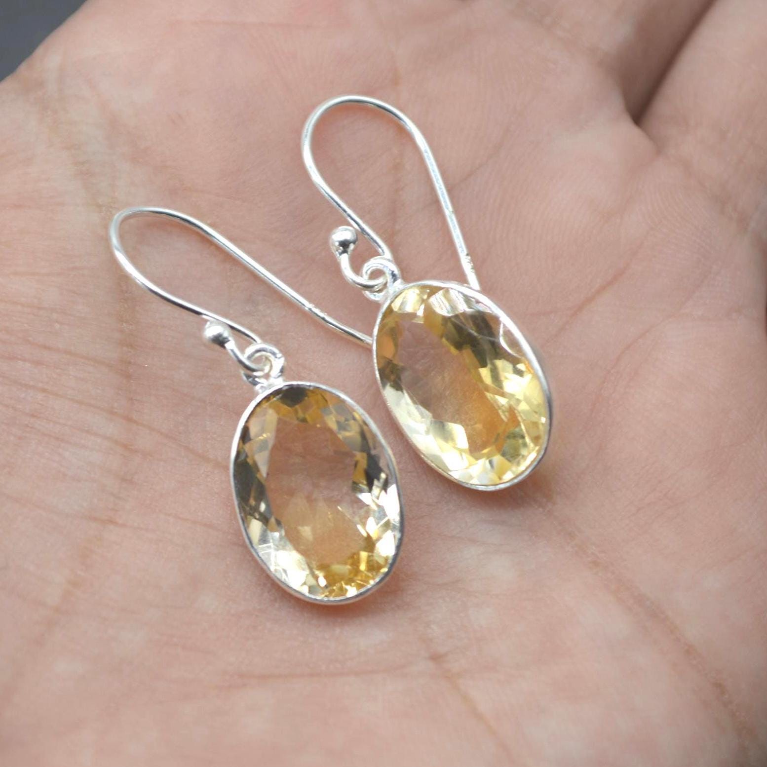 Oval Citrine Earrings: Dangle Drop, Sterling Silver, November Birthstone, Yellow Gemstone Jewelry