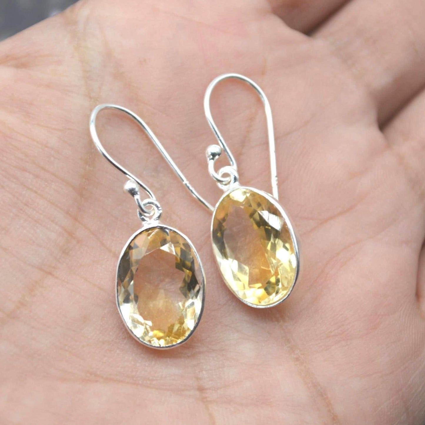 Oval Citrine Earrings: Dangle Drop, Sterling Silver, November Birthstone, Yellow Gemstone Jewelry