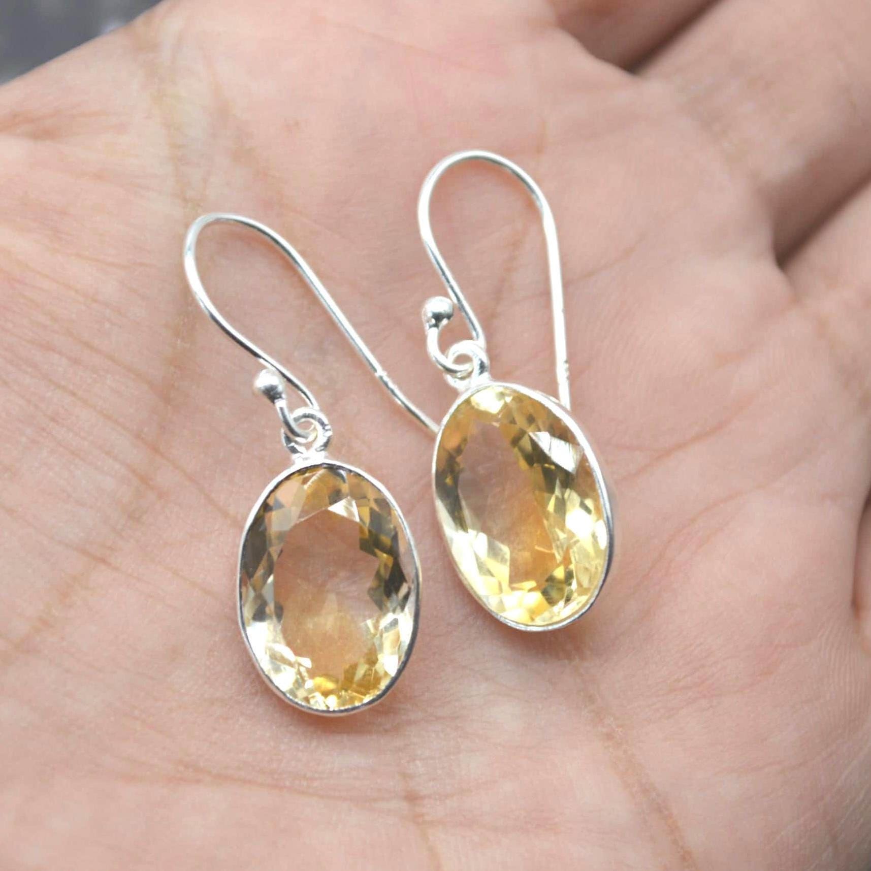 Oval Citrine Earrings: Dangle Drop, Sterling Silver, November Birthstone, Yellow Gemstone Jewelry