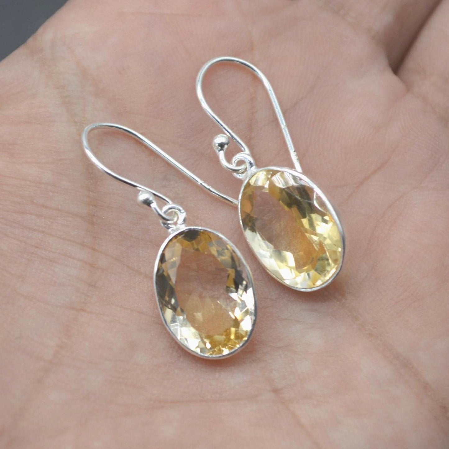 Oval Citrine Earrings: Dangle Drop, Sterling Silver, November Birthstone, Yellow Gemstone Jewelry