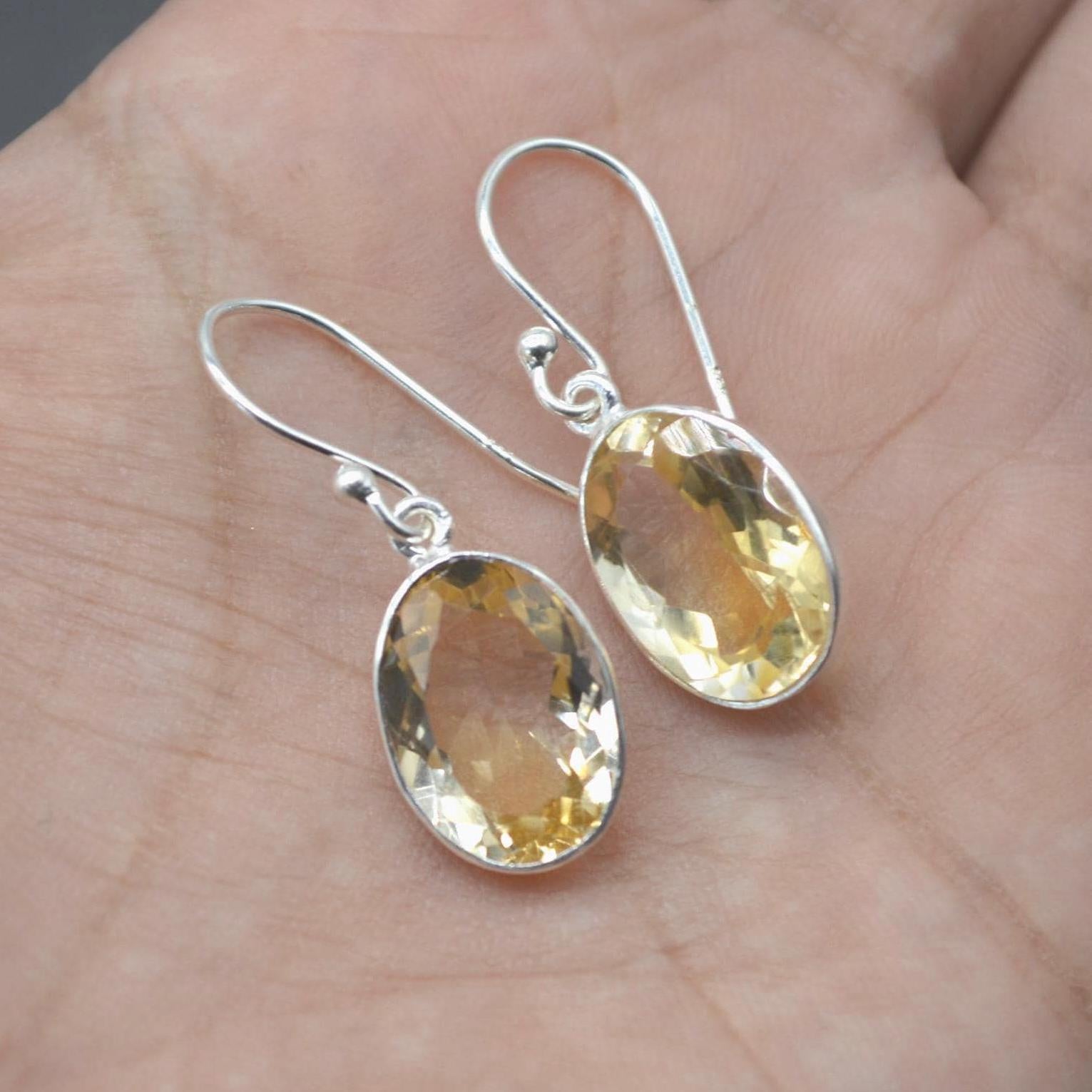 Oval Citrine Earrings: Dangle Drop, Sterling Silver, November Birthstone, Yellow Gemstone Jewelry