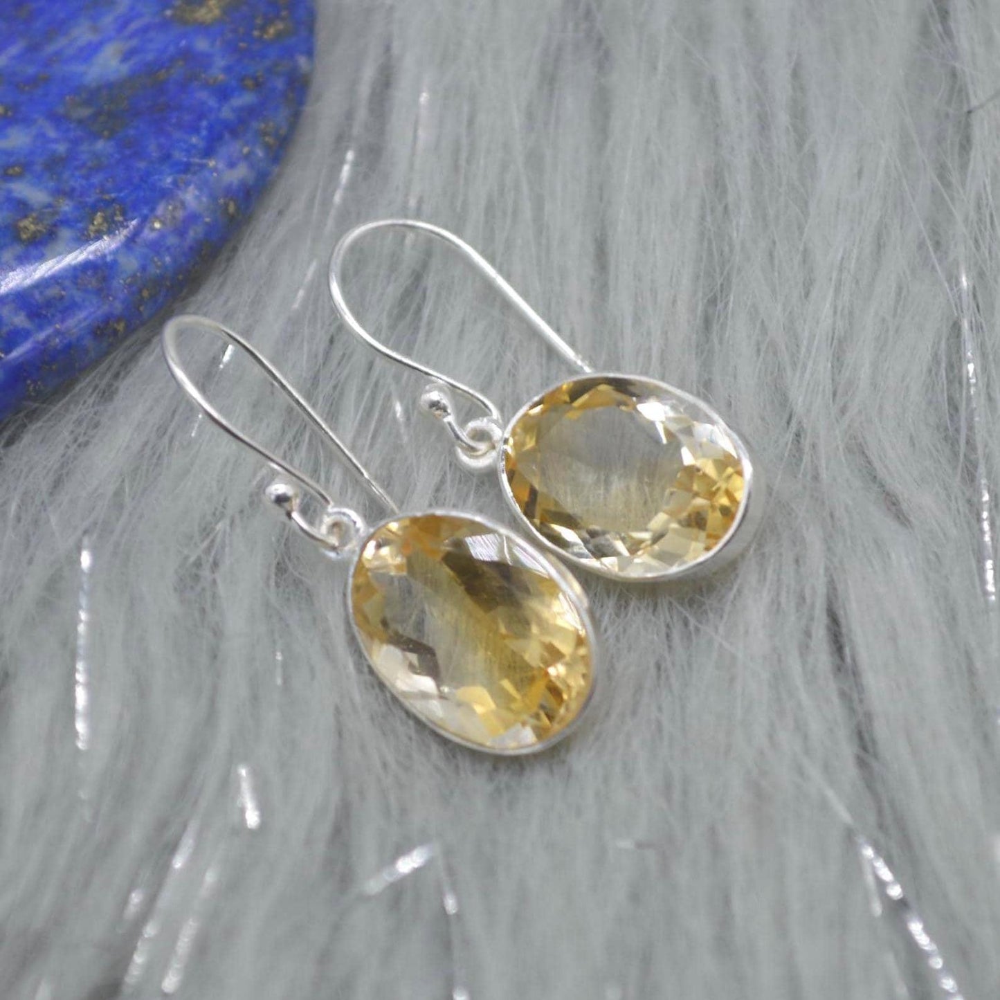 Oval Citrine Earrings: Dangle Drop, Sterling Silver, November Birthstone, Yellow Gemstone Jewelry