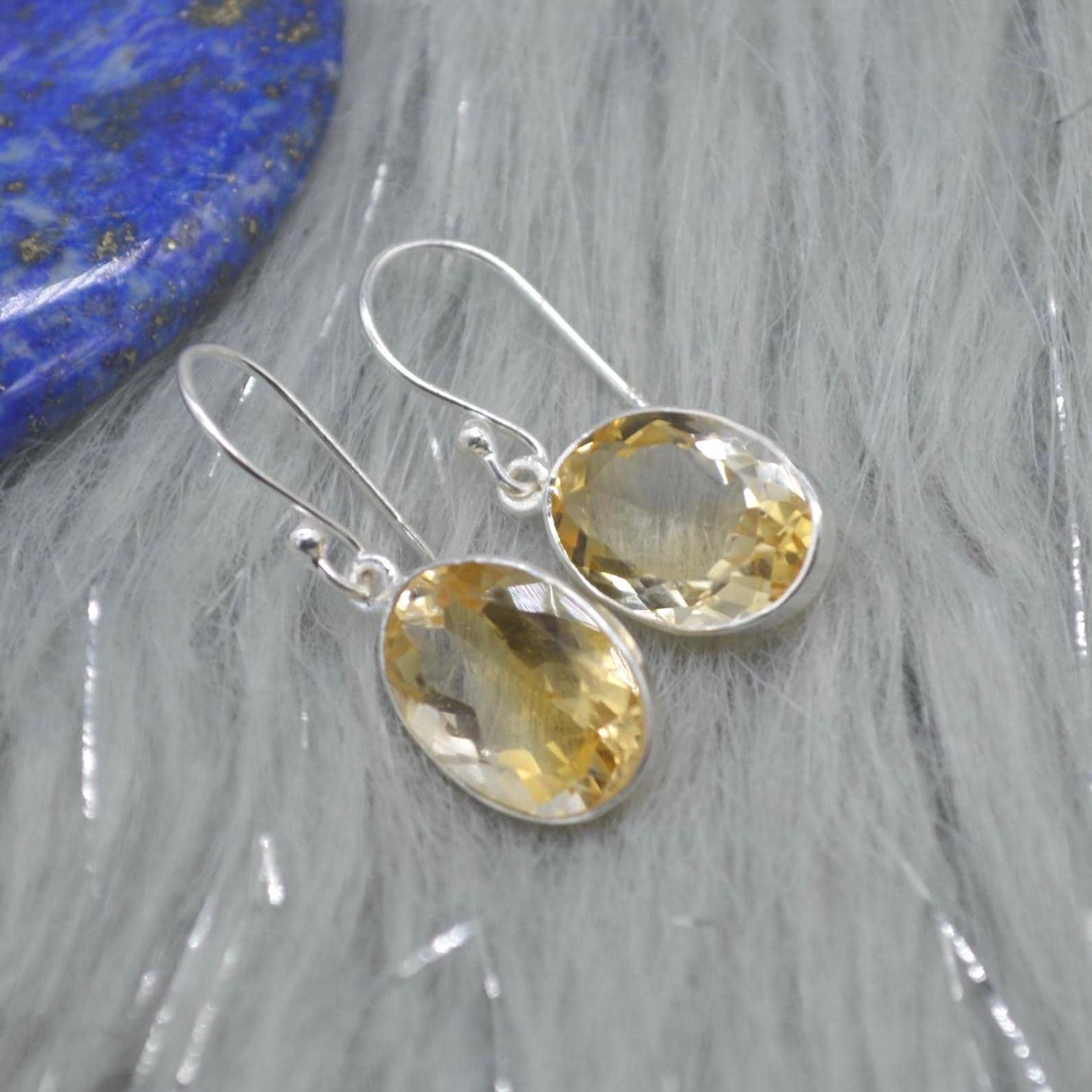 Oval Citrine Earrings: Dangle Drop, Sterling Silver, November Birthstone, Yellow Gemstone Jewelry