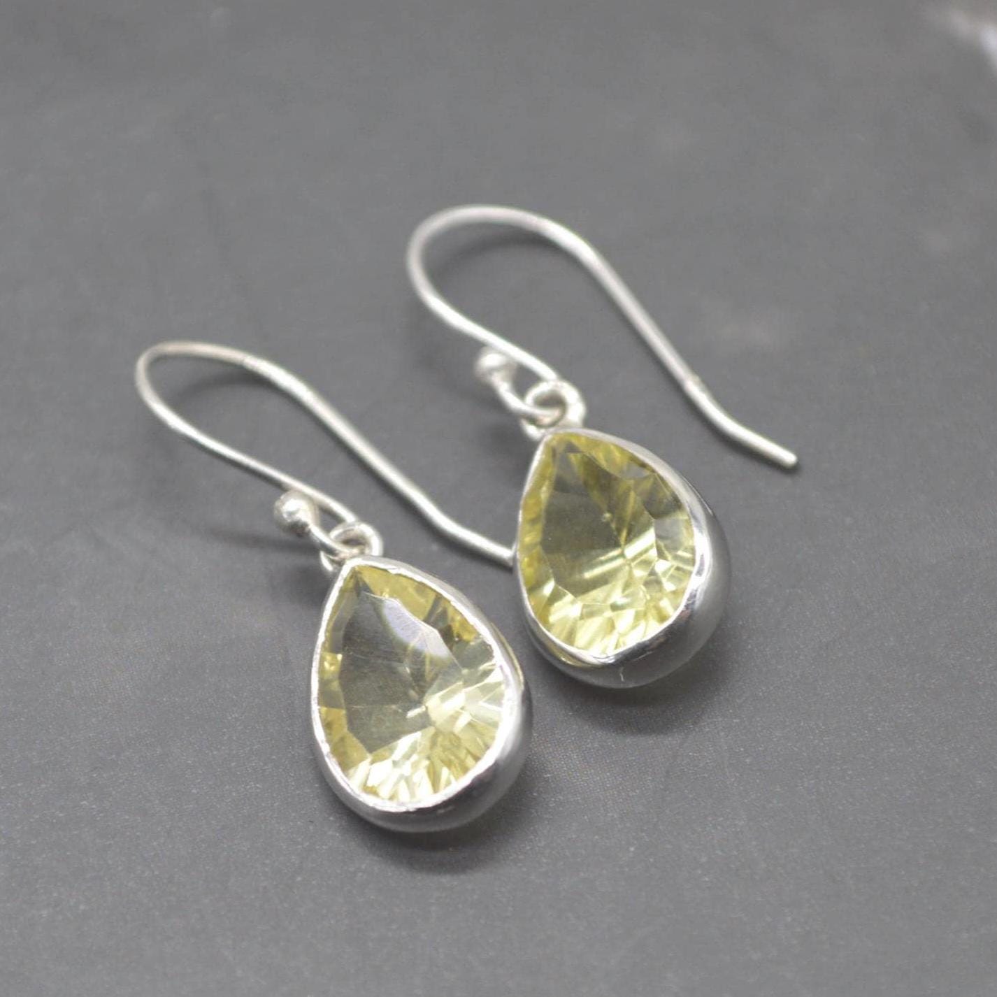 Lemon Quartz Earrings: Teardrop, Sterling Silver Dangle, Yellow Gemstone Jewelry