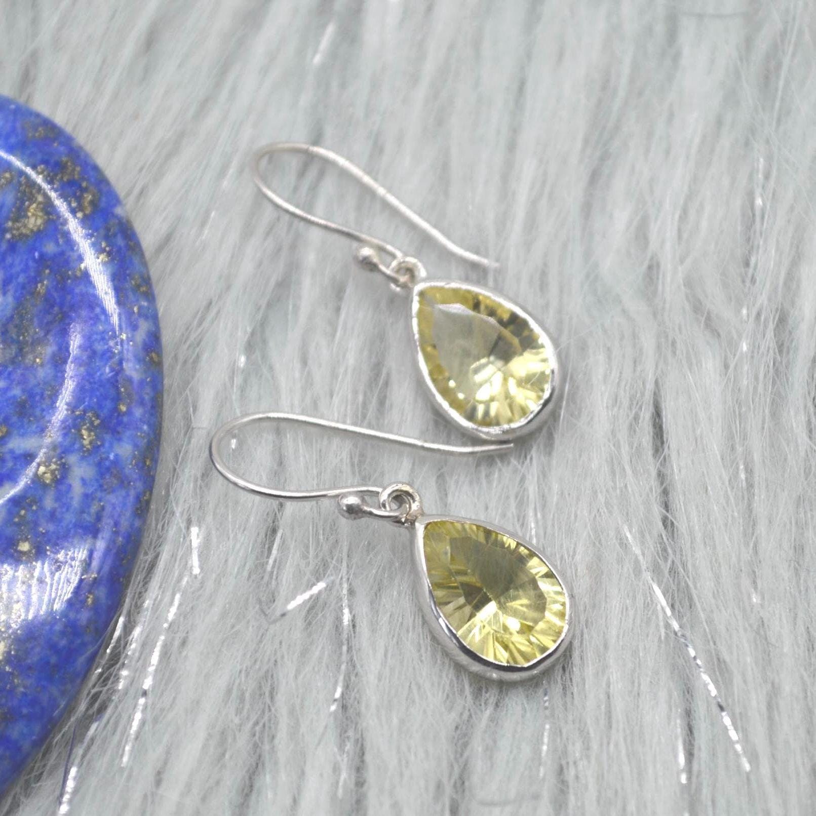 Lemon Quartz Earrings: Teardrop, Sterling Silver Dangle, Yellow Gemstone Jewelry