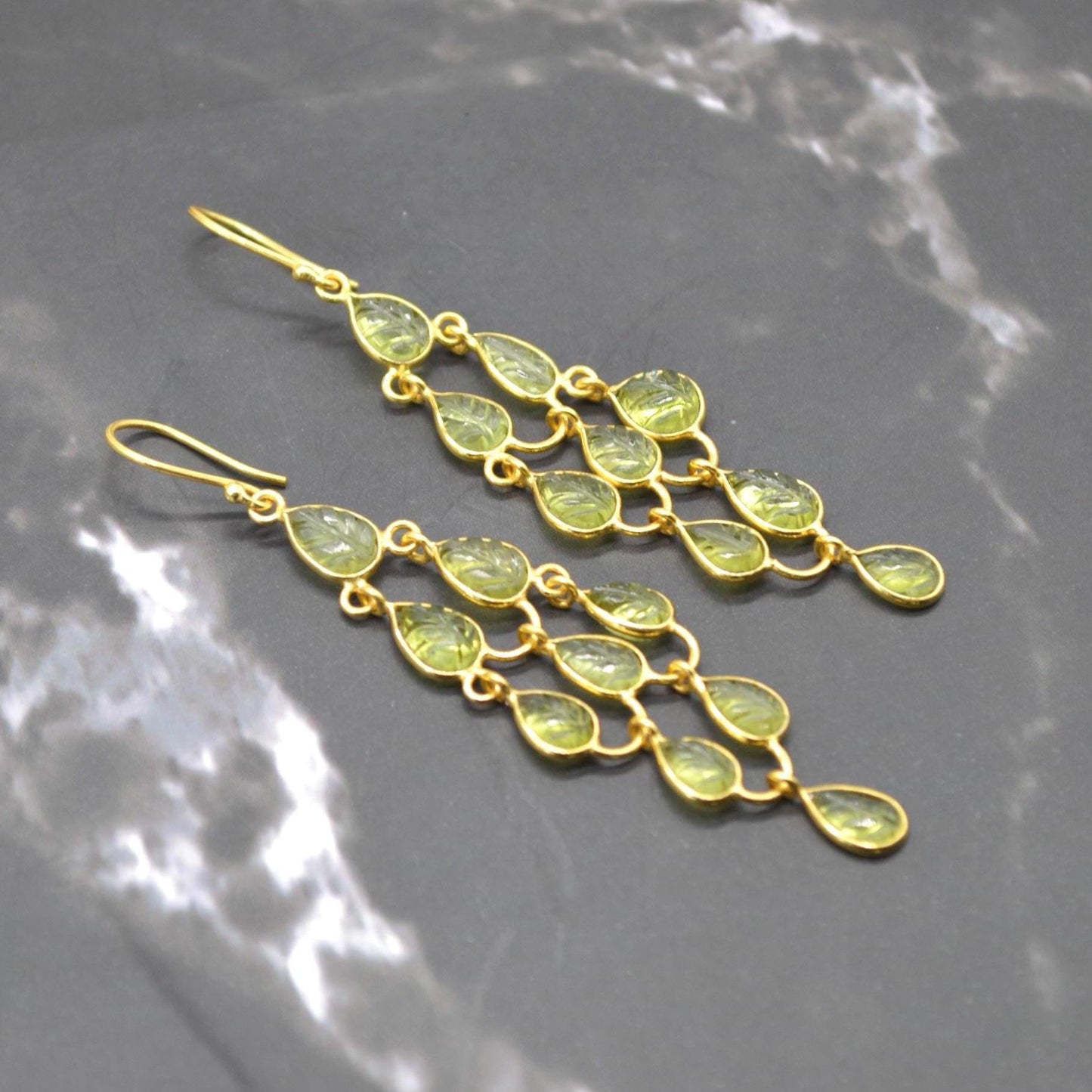 Long Peridot Earrings: Gold Plated Silver, Dangle Drop, August Birthstone, Green Gemstone Jewelry