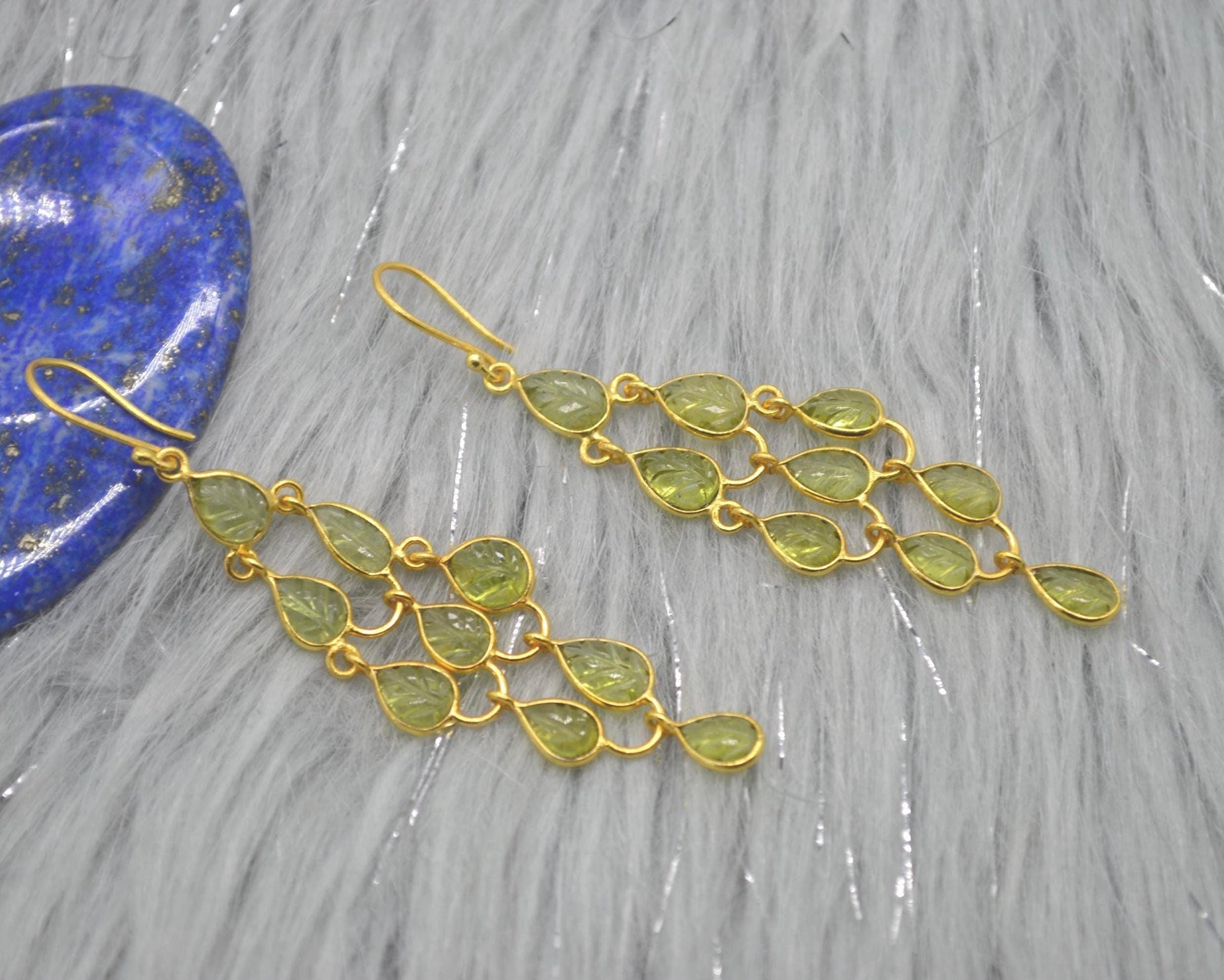 Long Peridot Earrings: Gold Plated Silver, Dangle Drop, August Birthstone, Green Gemstone Jewelry