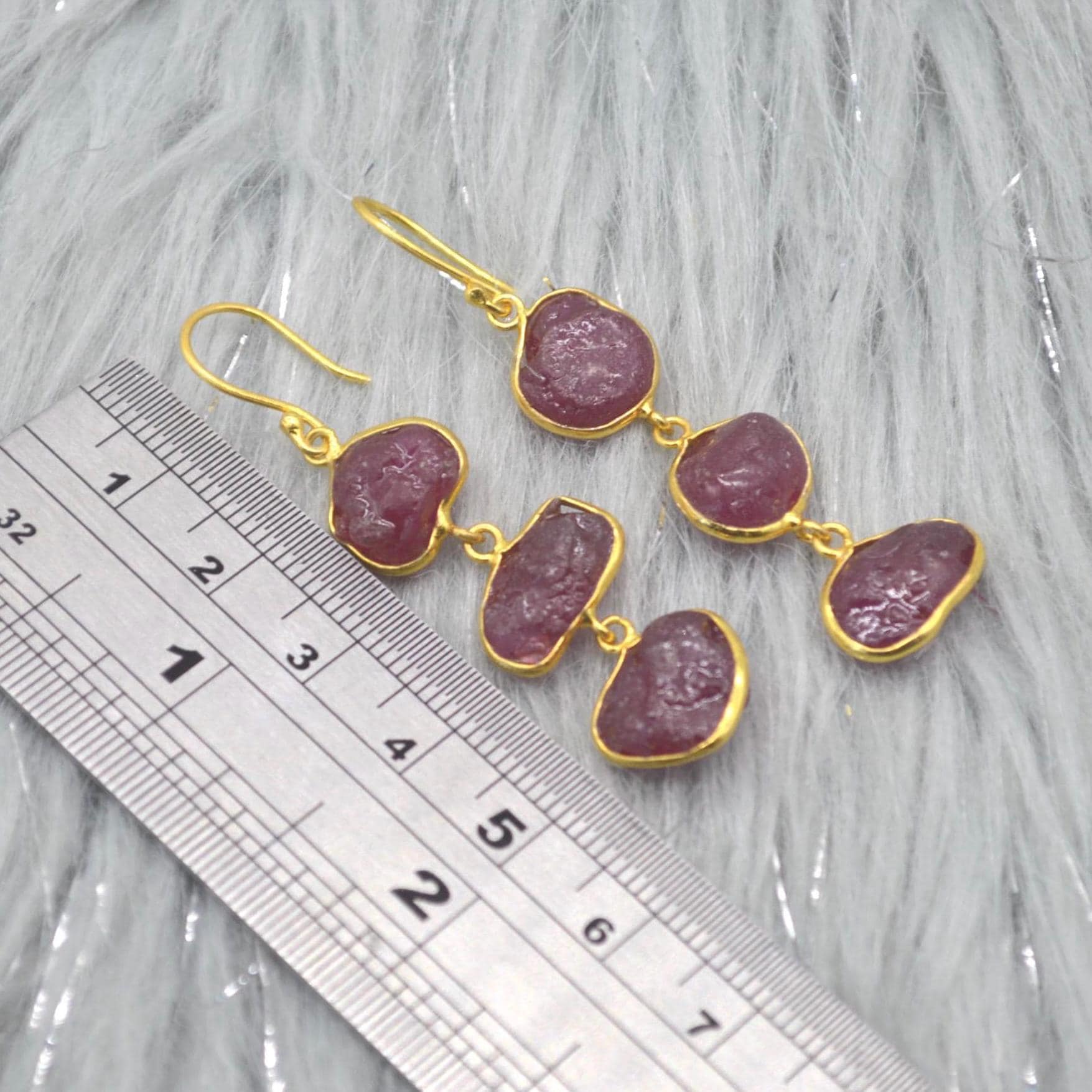 Red Raw Ruby Earrings: Gold Plated Silver, Gemstone Jewelry, July Birthstone