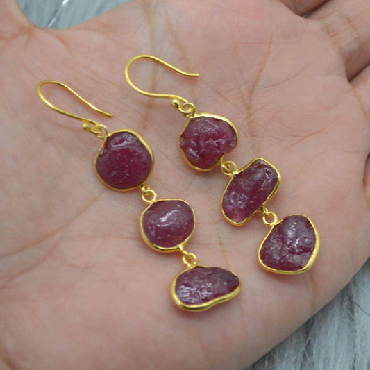Red Raw Ruby Earrings: Gold Plated Silver, Gemstone Jewelry, July Birthstone