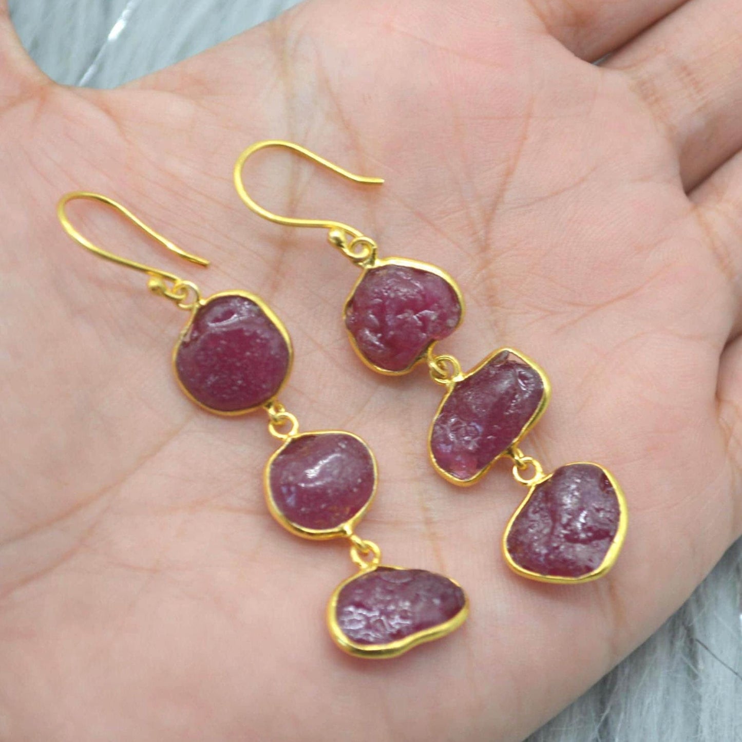 Red Raw Ruby Earrings: Gold Plated Silver, Gemstone Jewelry, July Birthstone