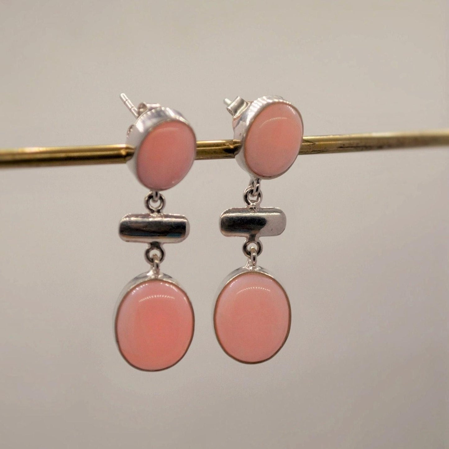 Pink Opal Earrings: Silver, October Birthstone, Unique Oval Gemstone Drop Earrings