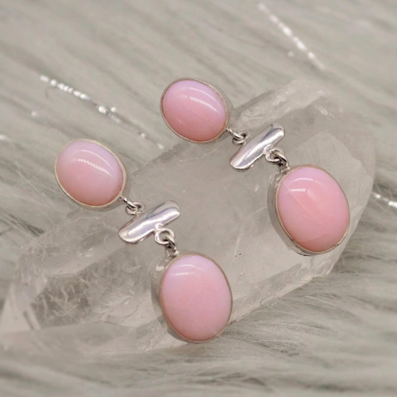 Pink Opal Earrings: Silver, October Birthstone, Unique Oval Gemstone Drop Earrings