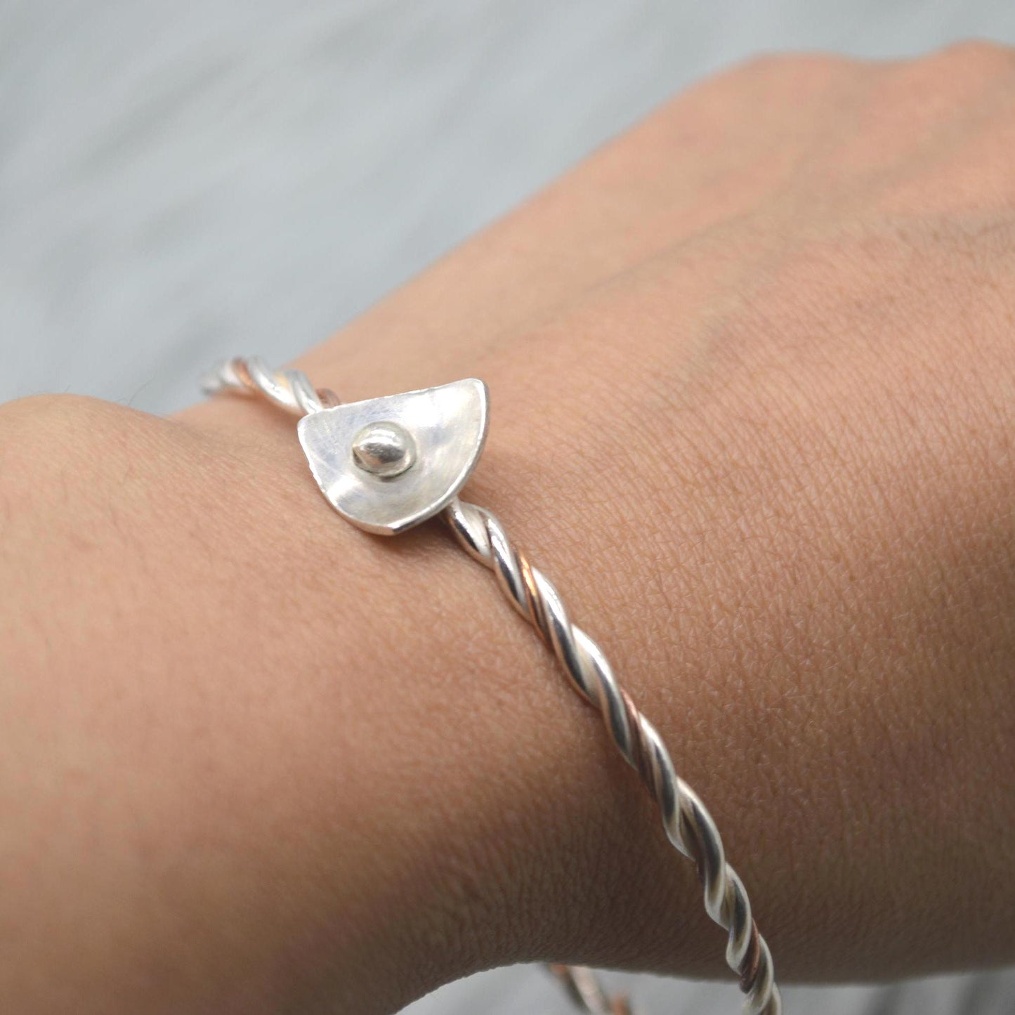 Sterling Silver, Copper Twisted Bangle: 6.5cm, Handmade Mixed Metal Bracelet, Boho Statement Bangle