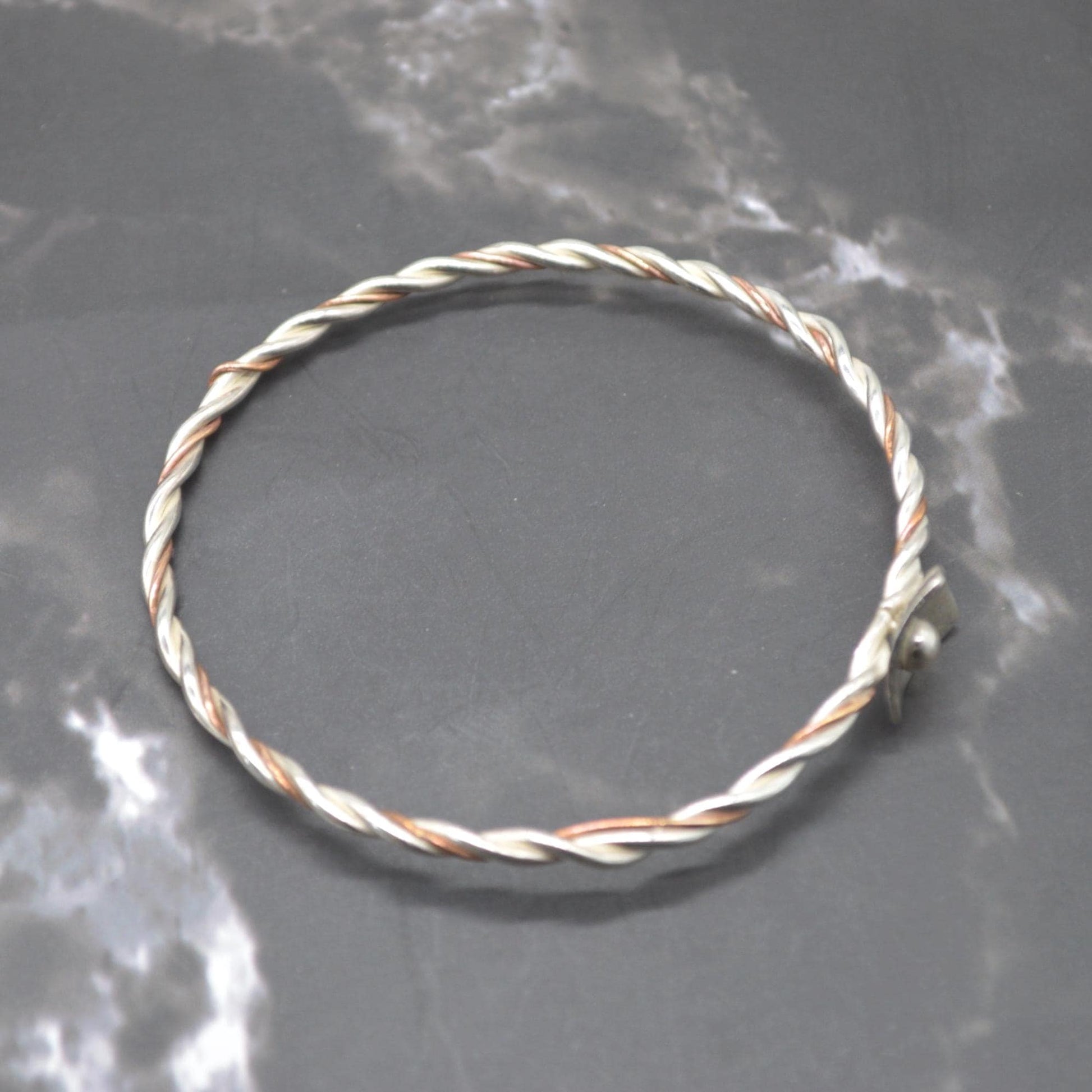 Sterling Silver, Copper Twisted Bangle: 6.5cm, Handmade Mixed Metal Bracelet, Boho Statement Bangle