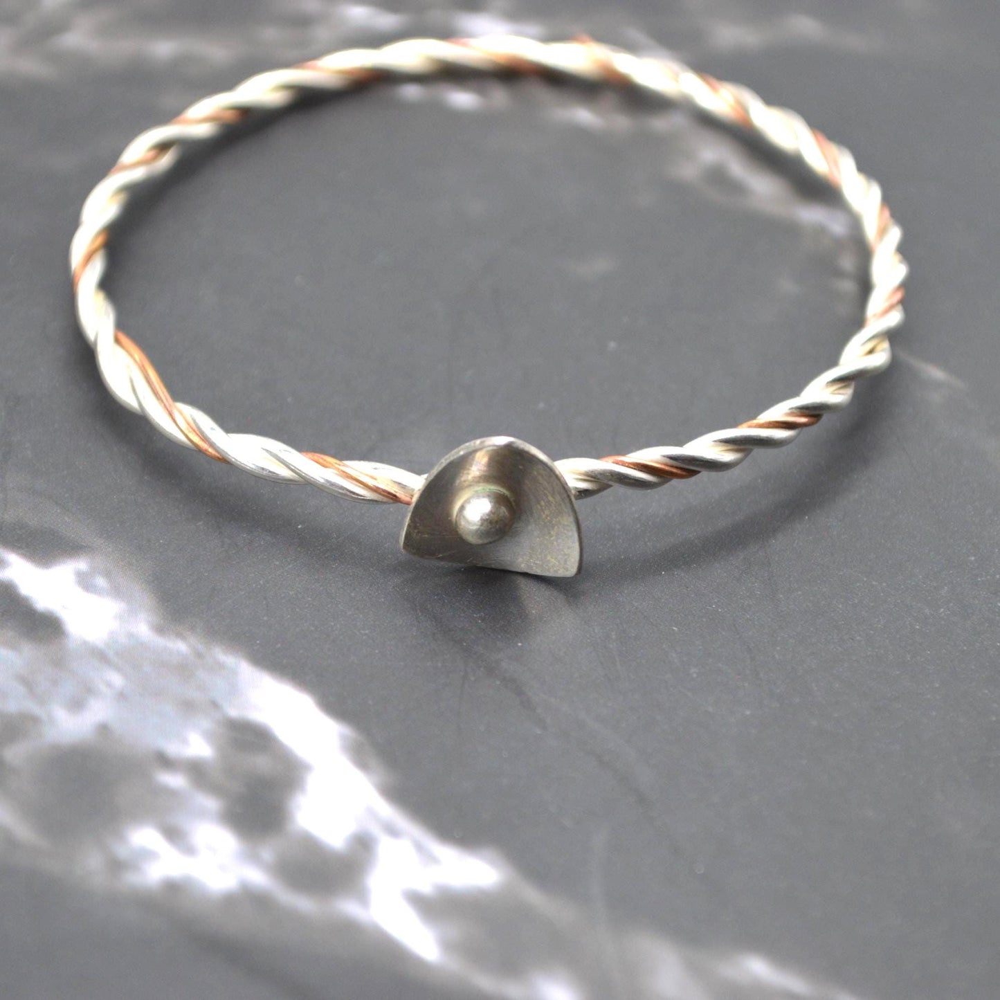 Sterling Silver, Copper Twisted Bangle: 6.5cm, Handmade Mixed Metal Bracelet, Boho Statement Bangle