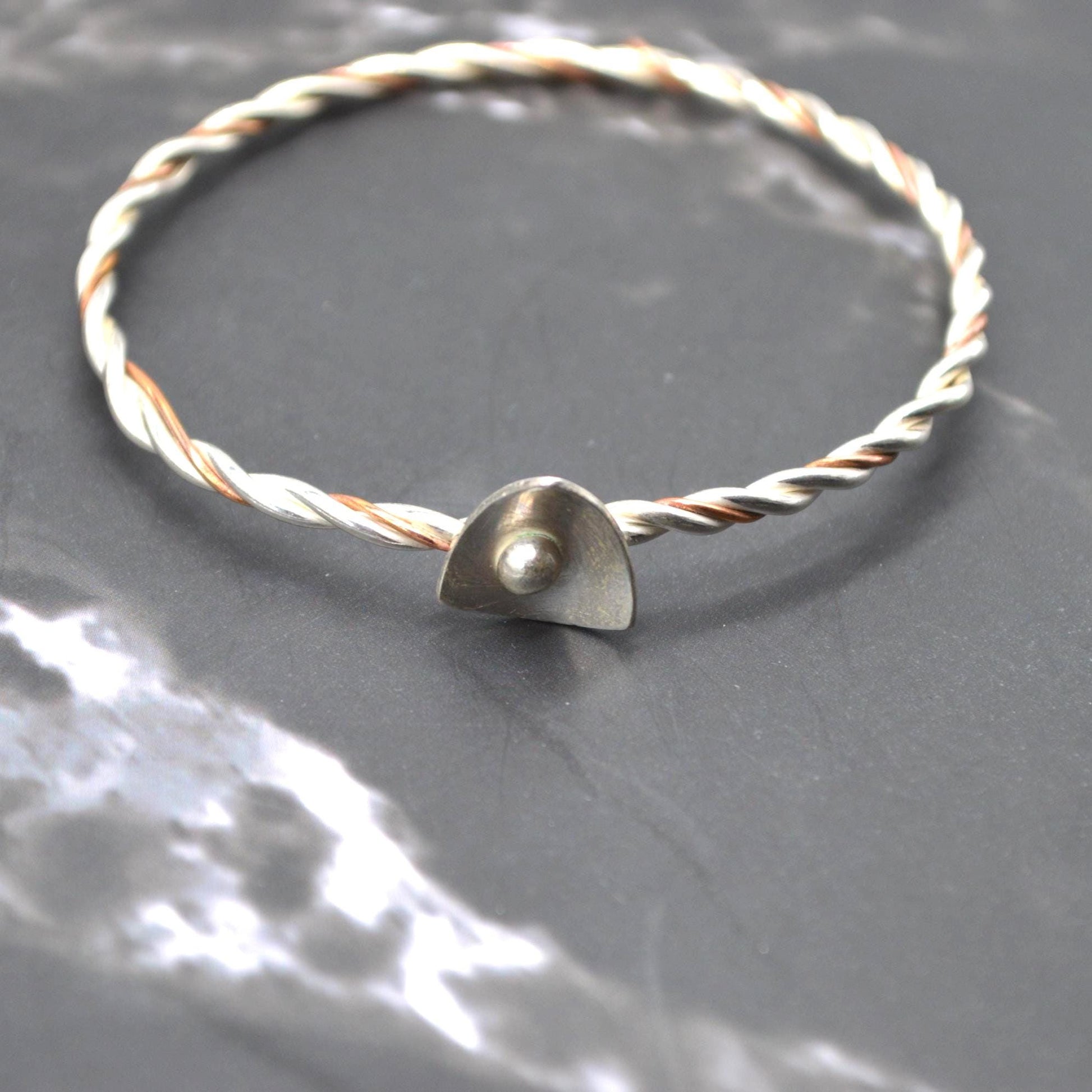 Sterling Silver, Copper Twisted Bangle: 6.5cm, Handmade Mixed Metal Bracelet, Boho Statement Bangle
