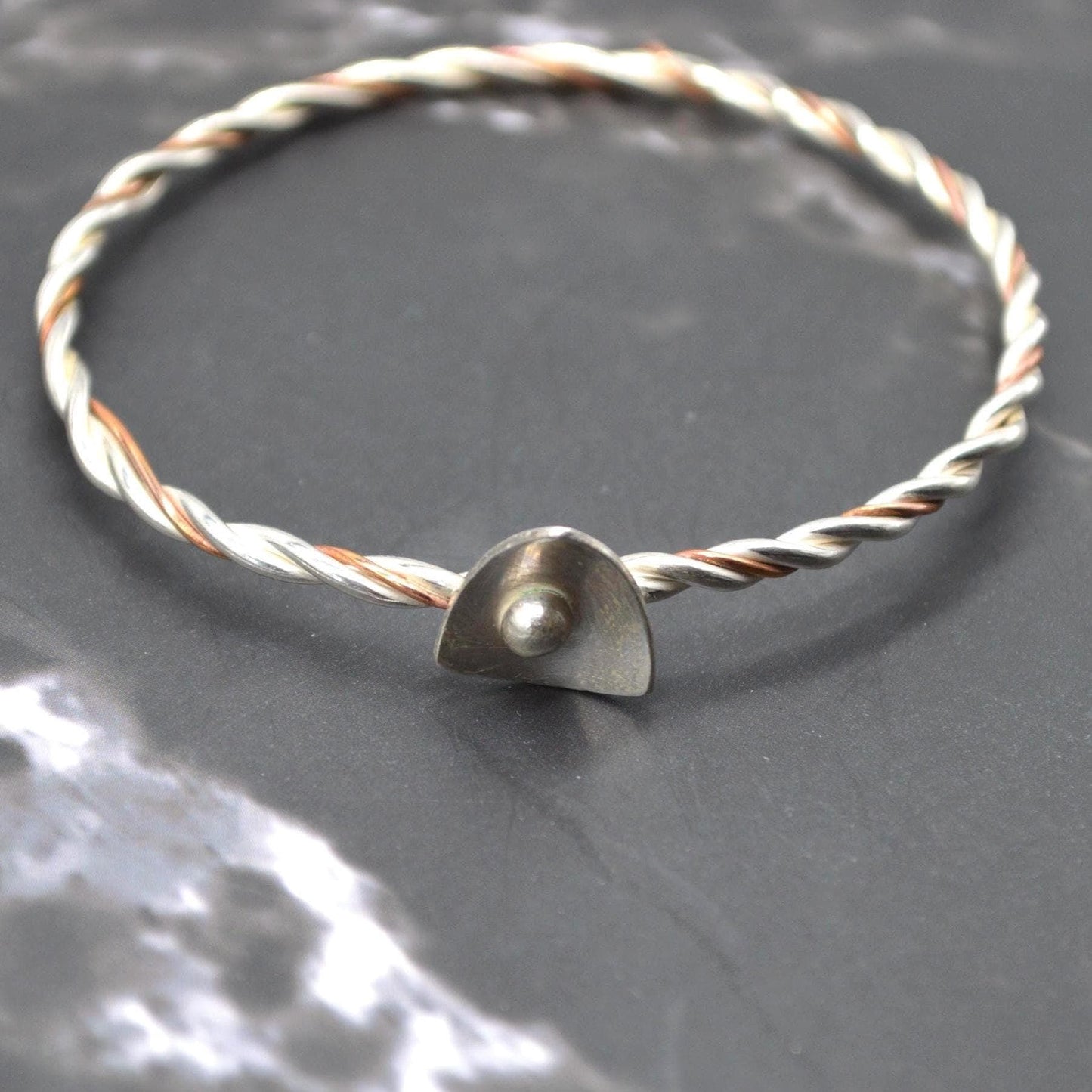 Sterling Silver, Copper Twisted Bangle: 6.5cm, Handmade Mixed Metal Bracelet, Boho Statement Bangle