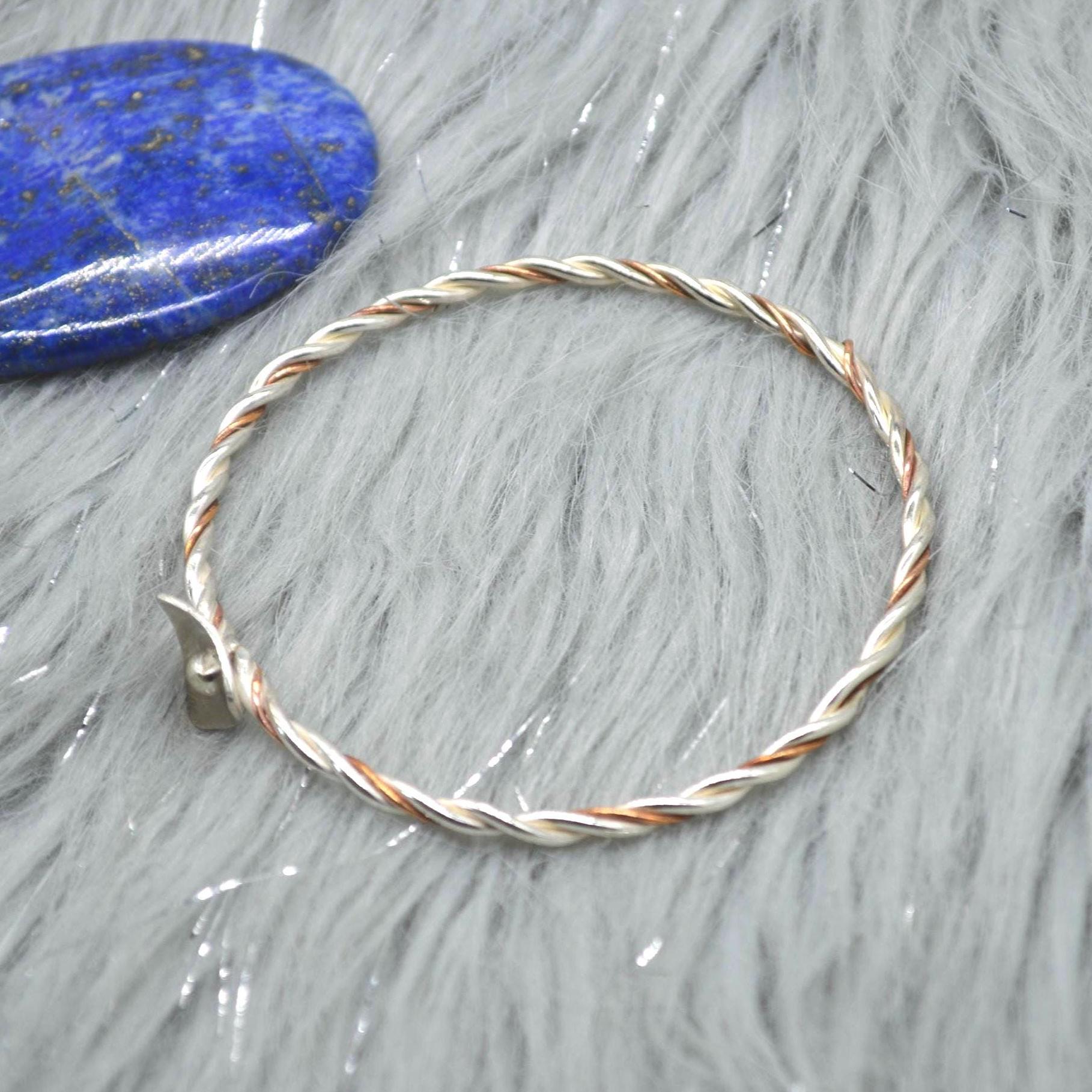 Sterling Silver, Copper Twisted Bangle: 6.5cm, Handmade Mixed Metal Bracelet, Boho Statement Bangle