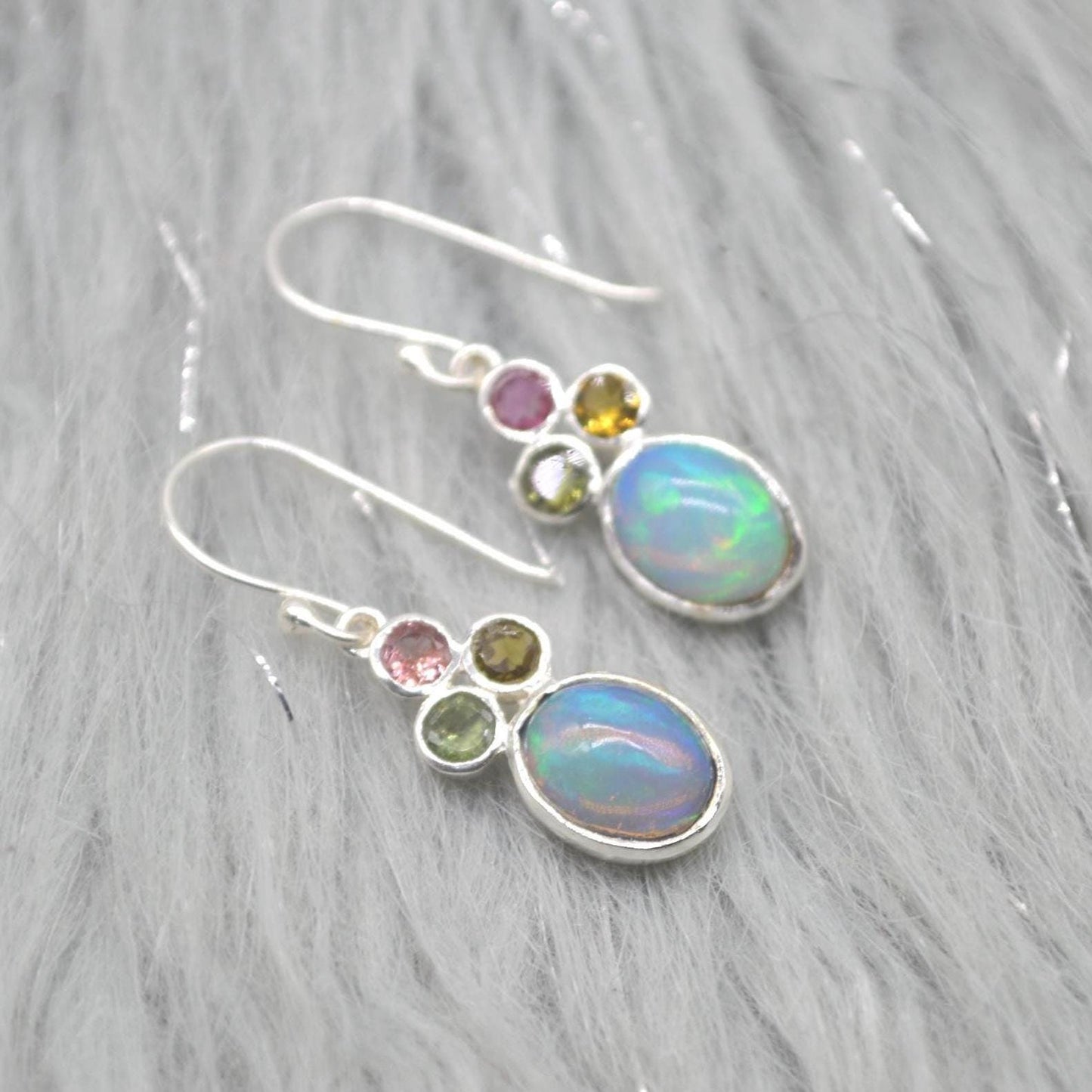 Fire Opal, Tourmaline Earrings: Silver, Dangle Drop, October Birthstone, Blue Gemstone