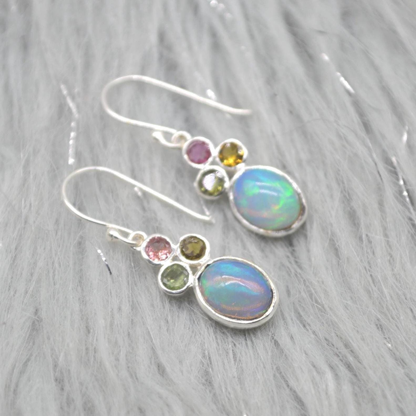 Fire Opal, Tourmaline Earrings: Silver, Dangle Drop, October Birthstone, Blue Gemstone