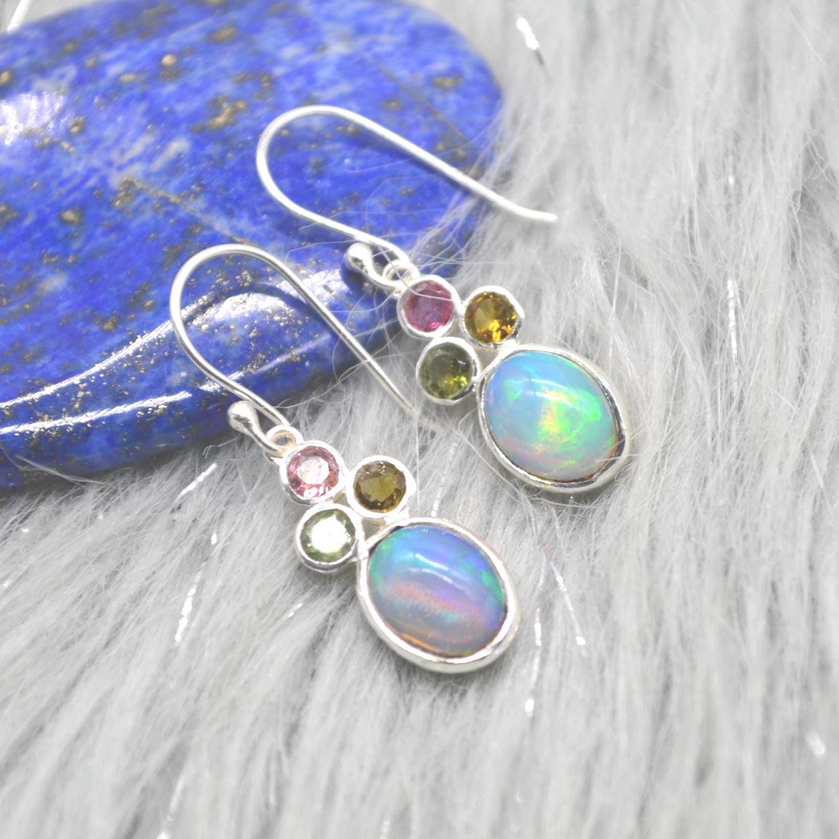 Fire Opal, Tourmaline Earrings: Silver, Dangle Drop, October Birthstone, Blue Gemstone