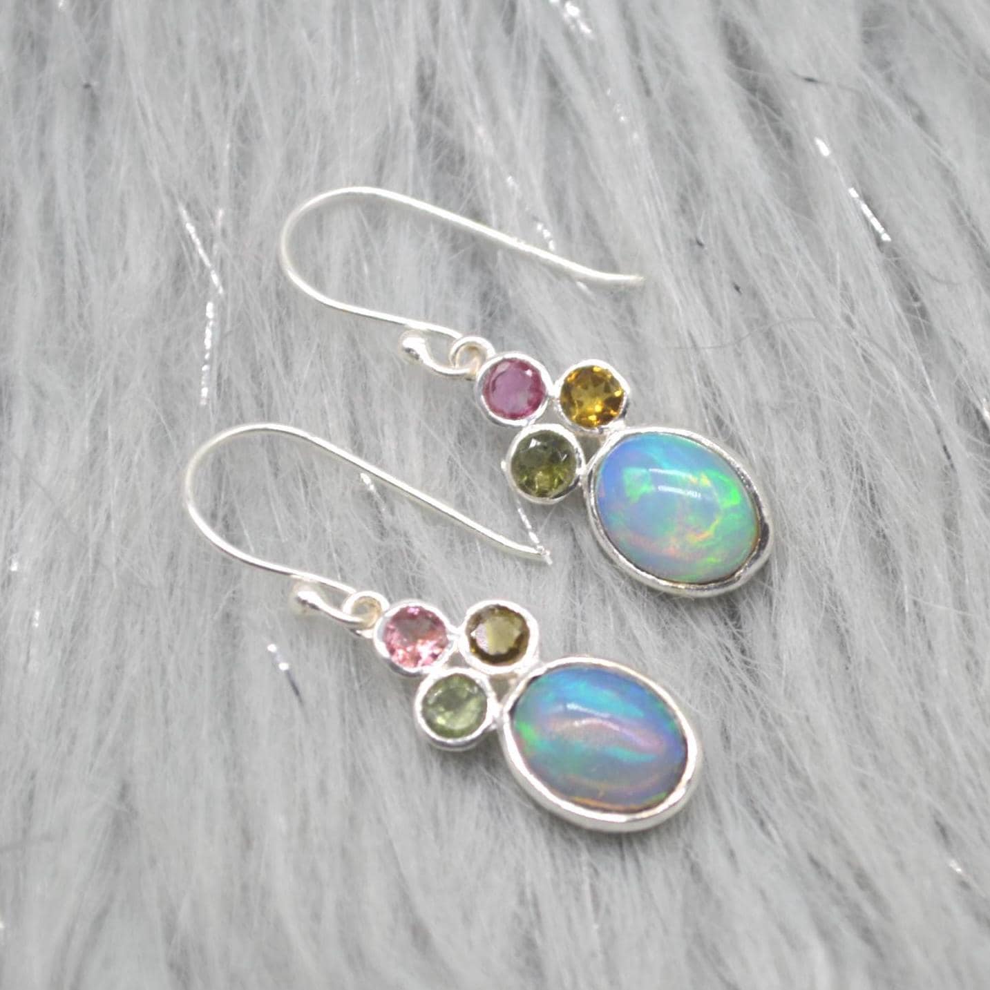 Fire Opal, Tourmaline Earrings: Silver, Dangle Drop, October Birthstone, Blue Gemstone
