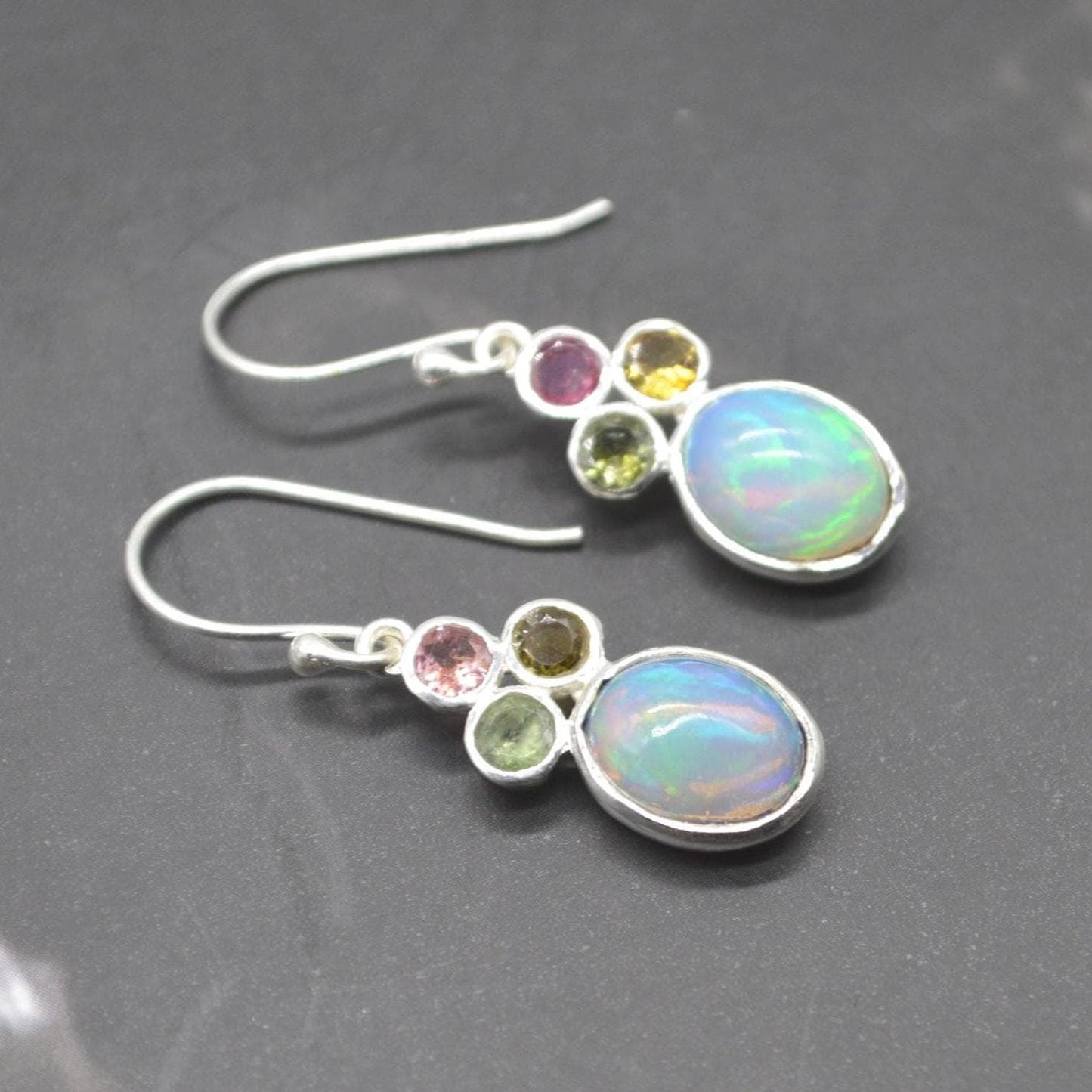 Fire Opal, Tourmaline Earrings: Silver, Dangle Drop, October Birthstone, Blue Gemstone
