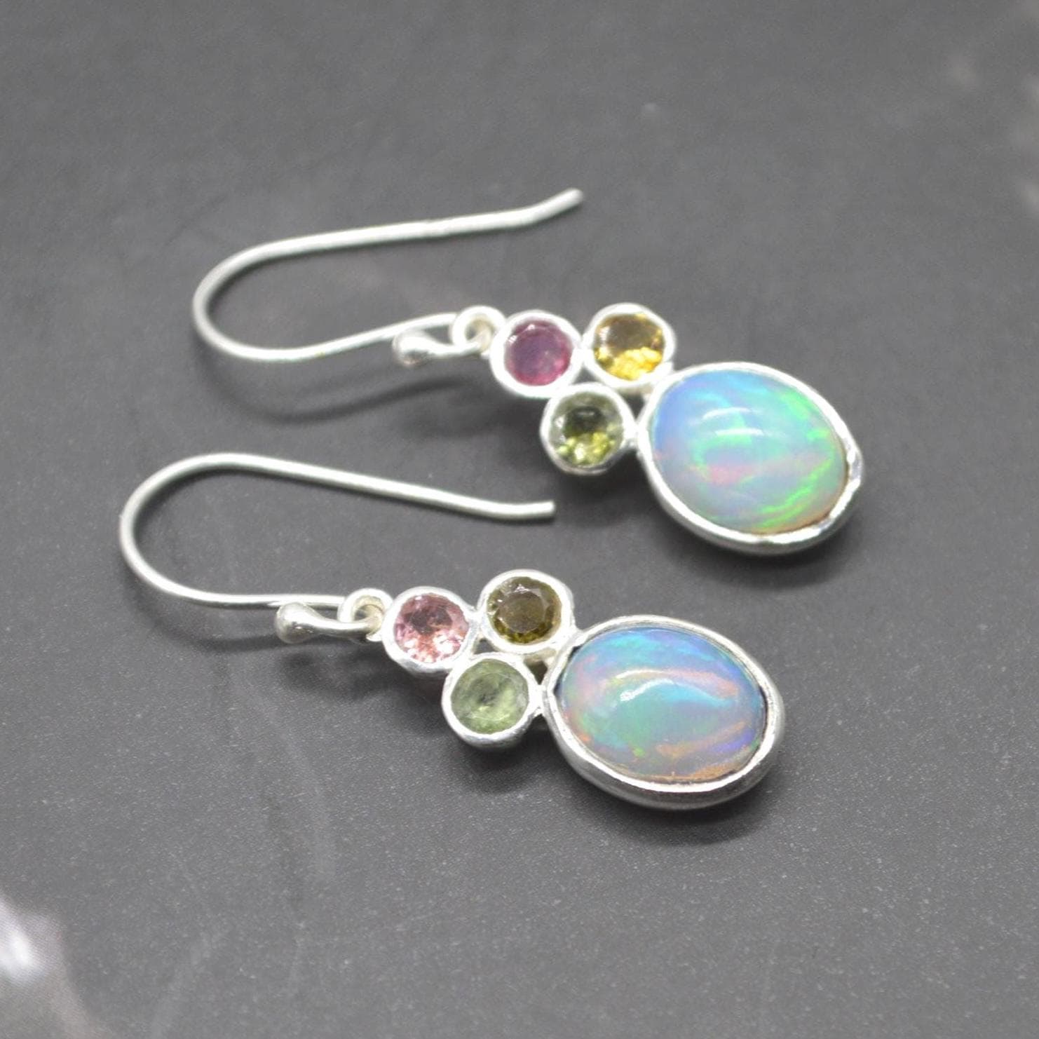 Fire Opal, Tourmaline Earrings: Silver, Dangle Drop, October Birthstone, Blue Gemstone