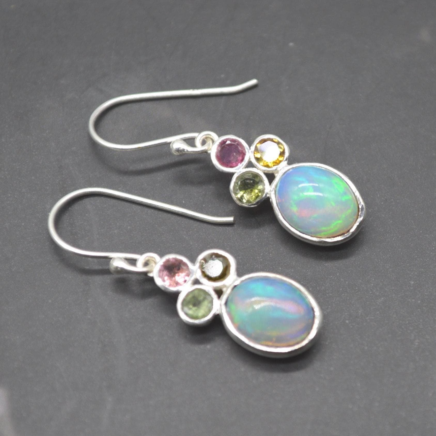 Fire Opal, Tourmaline Earrings: Silver, Dangle Drop, October Birthstone, Blue Gemstone