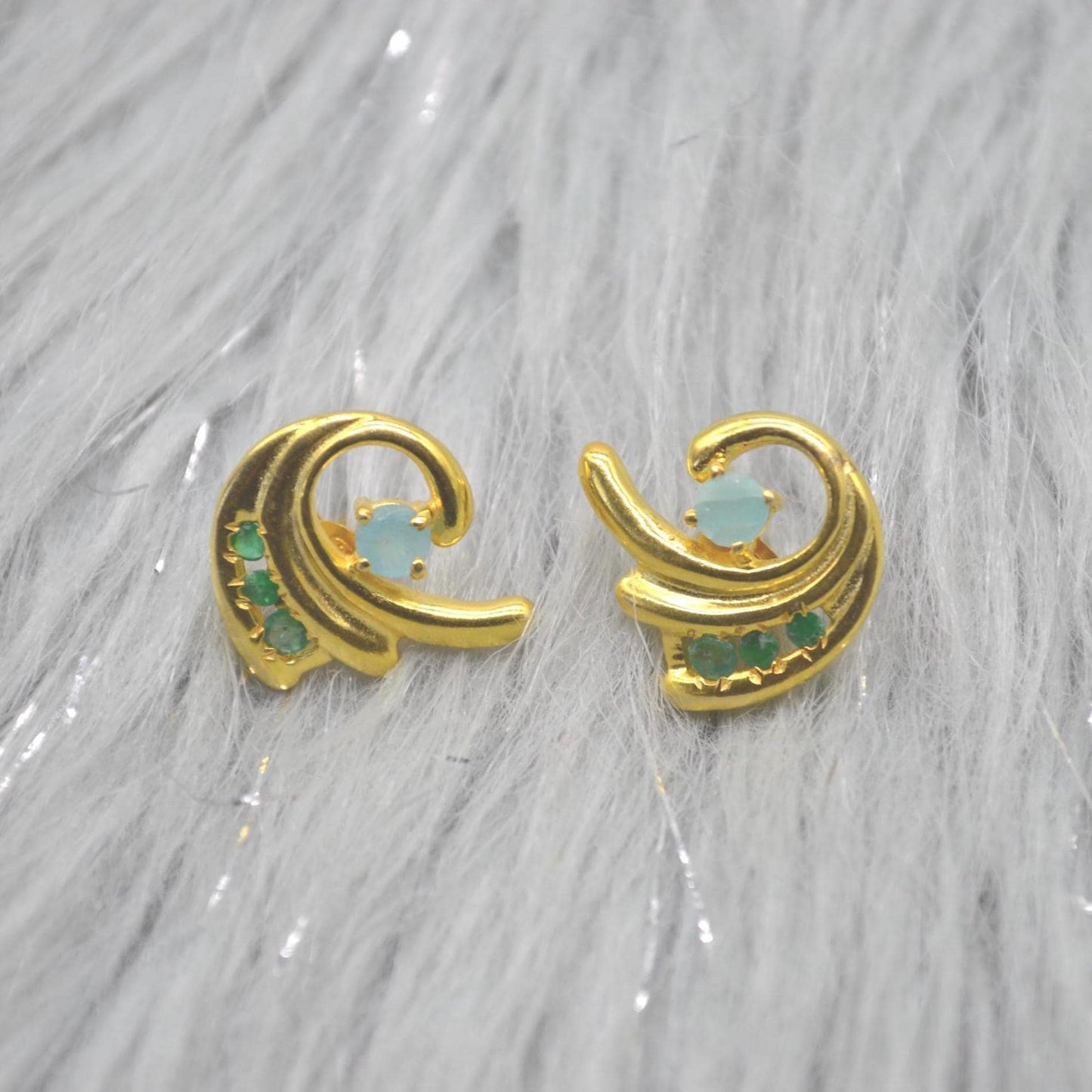 Green Onyx Aqua Chalcedony Stud Earrings: Gold Plated Silver