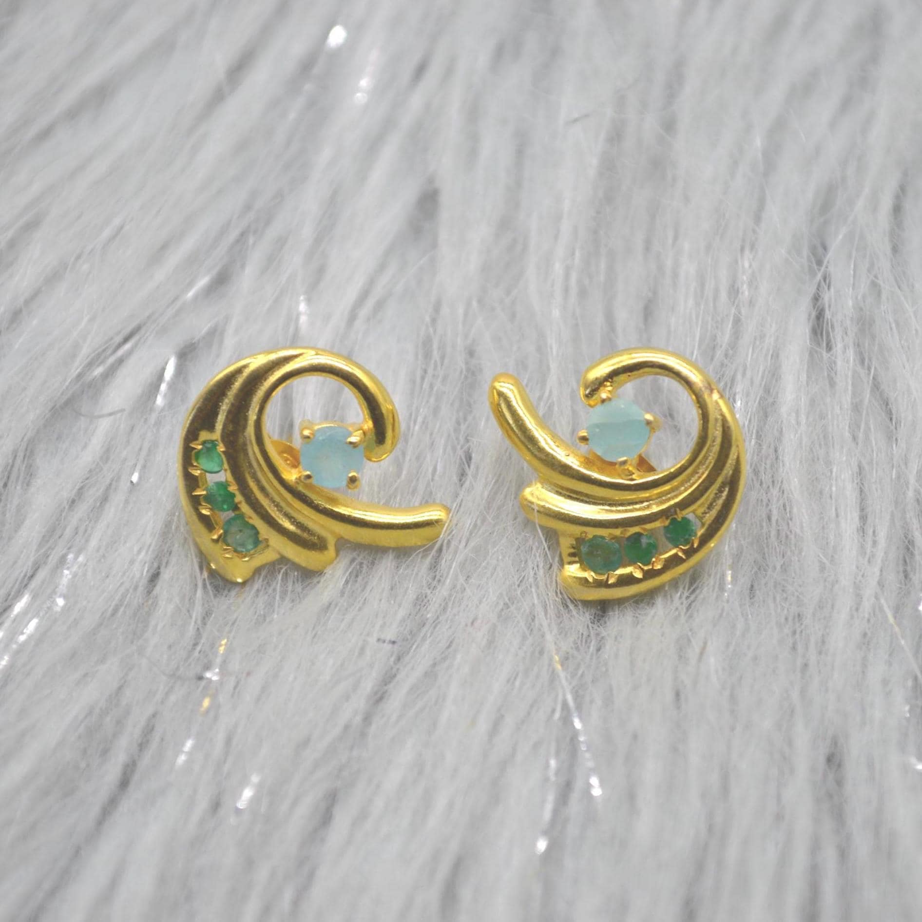 Green Onyx Aqua Chalcedony Stud Earrings: Gold Plated Silver