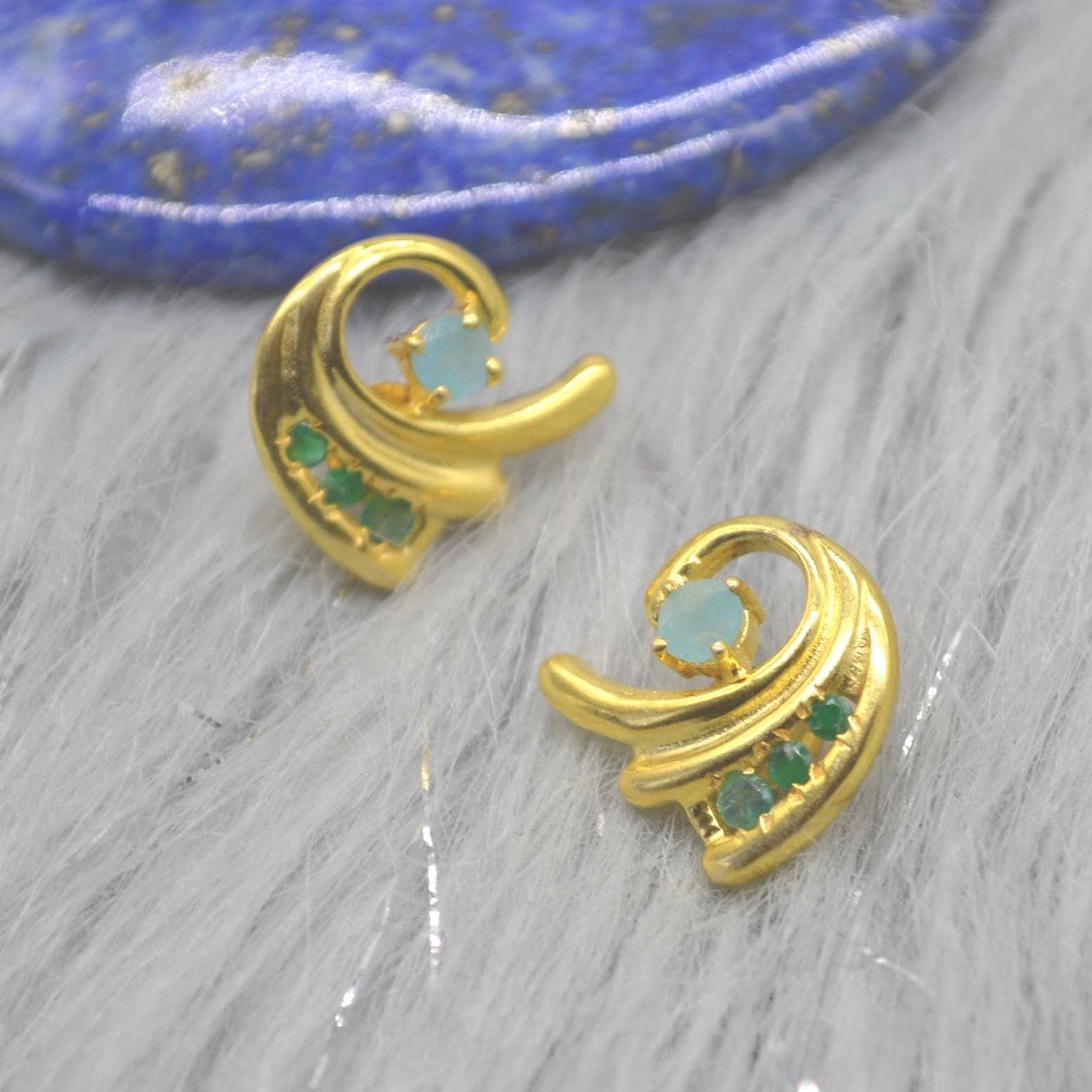 Green Onyx Aqua Chalcedony Stud Earrings: Gold Plated Silver