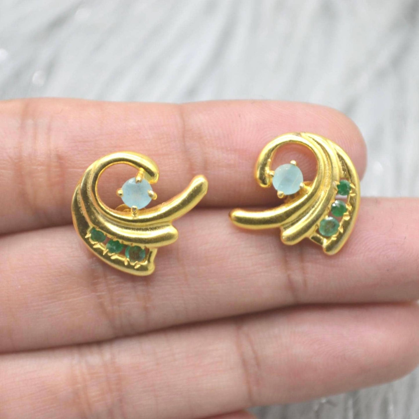 Green Onyx Aqua Chalcedony Stud Earrings: Gold Plated Silver