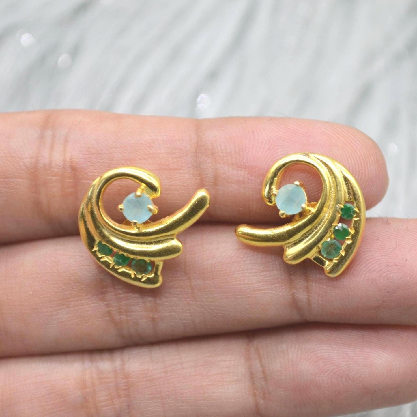 Green Onyx Aqua Chalcedony Stud Earrings: Gold Plated Silver