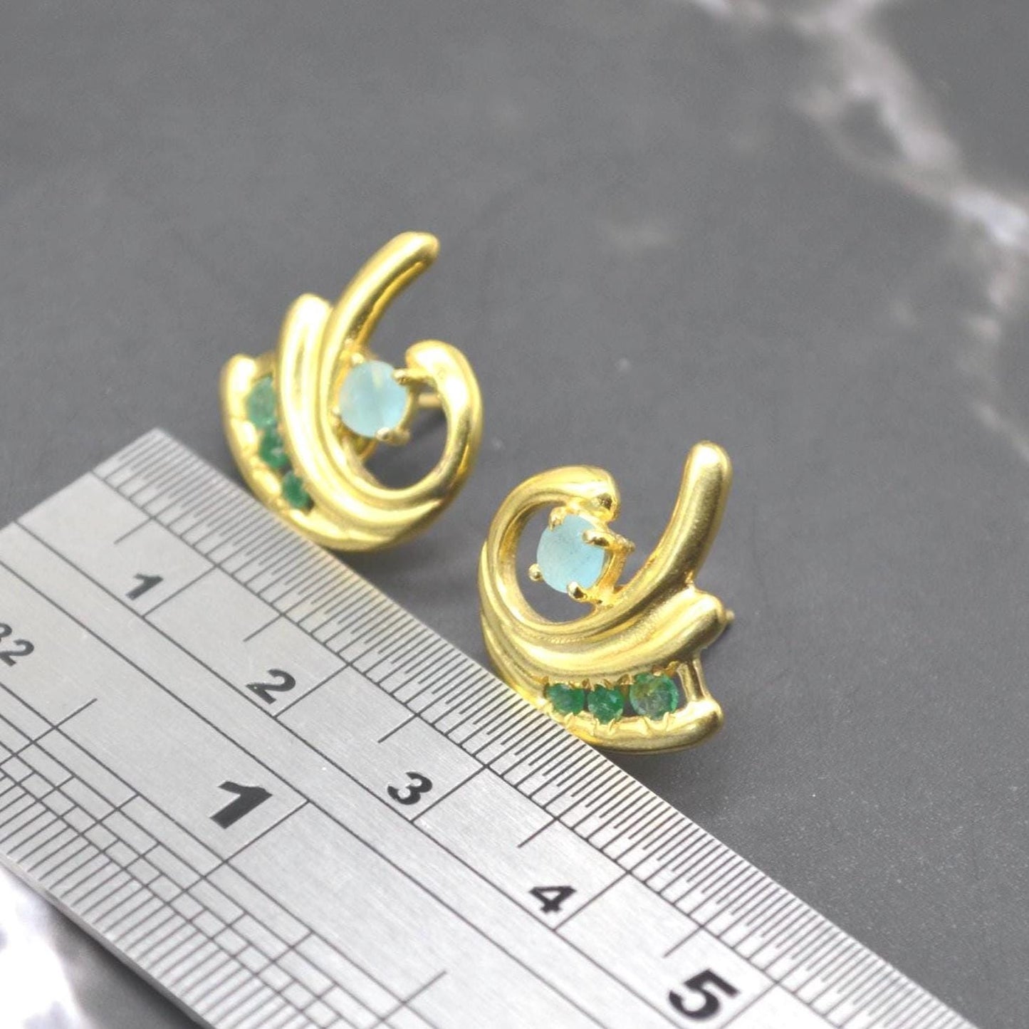 Green Onyx Aqua Chalcedony Stud Earrings: Gold Plated Silver