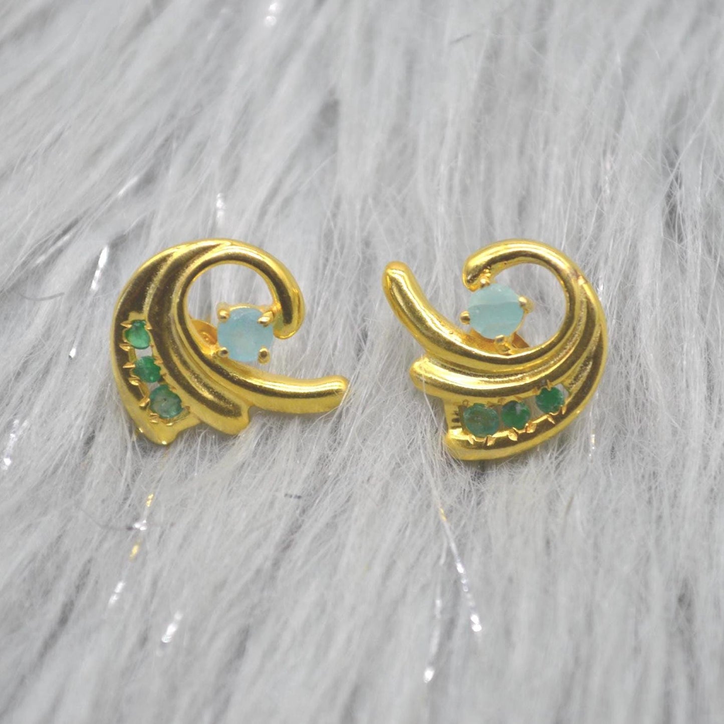 Green Onyx Aqua Chalcedony Stud Earrings: Gold Plated Silver