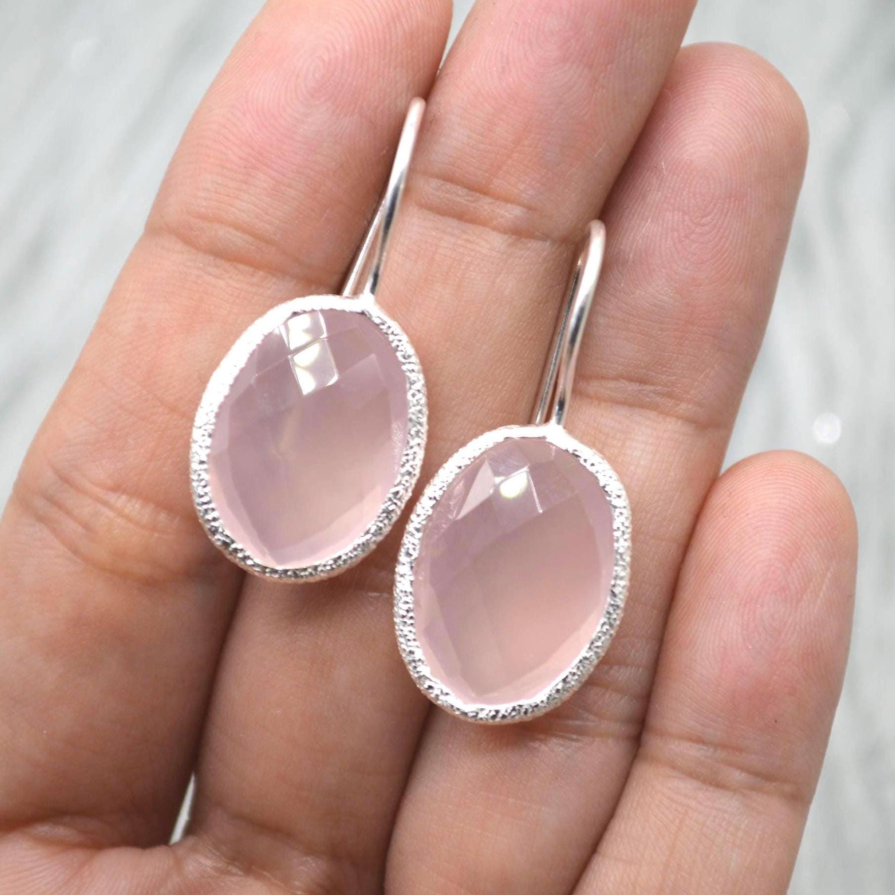 Rose Quartz Earrings: Silver Dangle Drop, Handmade Pink Gemstone Jewelry