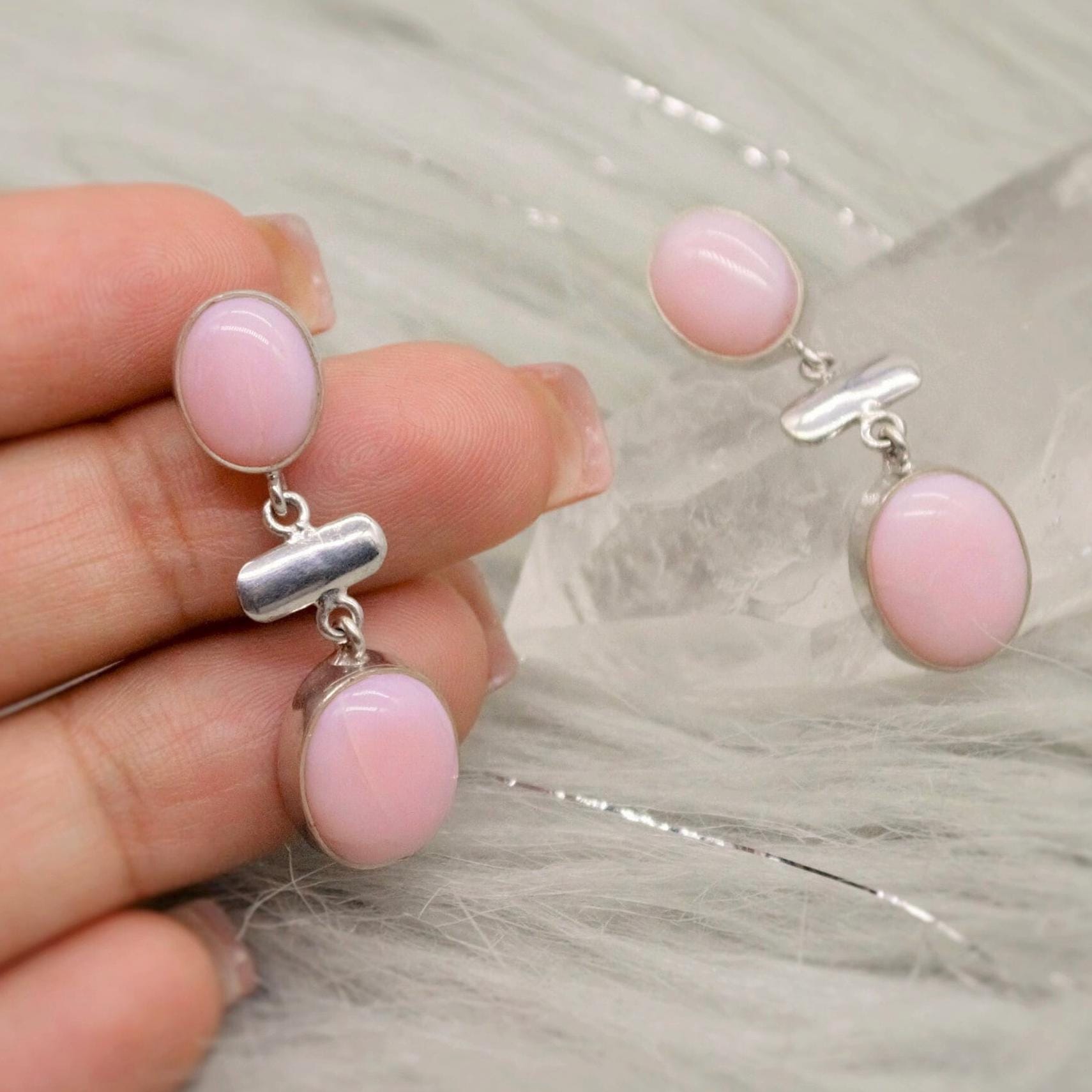 Pink Opal Earrings: Silver, October Birthstone, Unique Oval Gemstone Drop Earrings