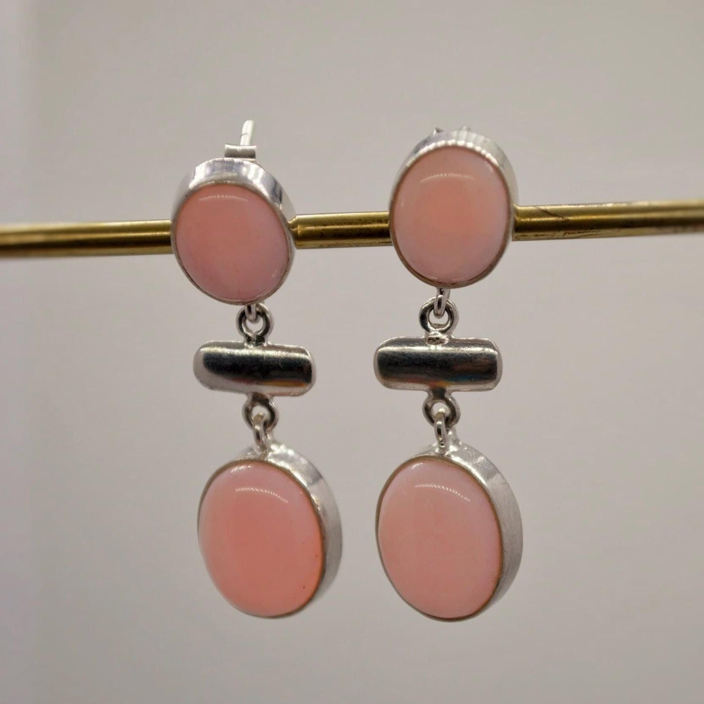 Pink Opal Earrings: Silver, October Birthstone, Unique Oval Gemstone Drop Earrings
