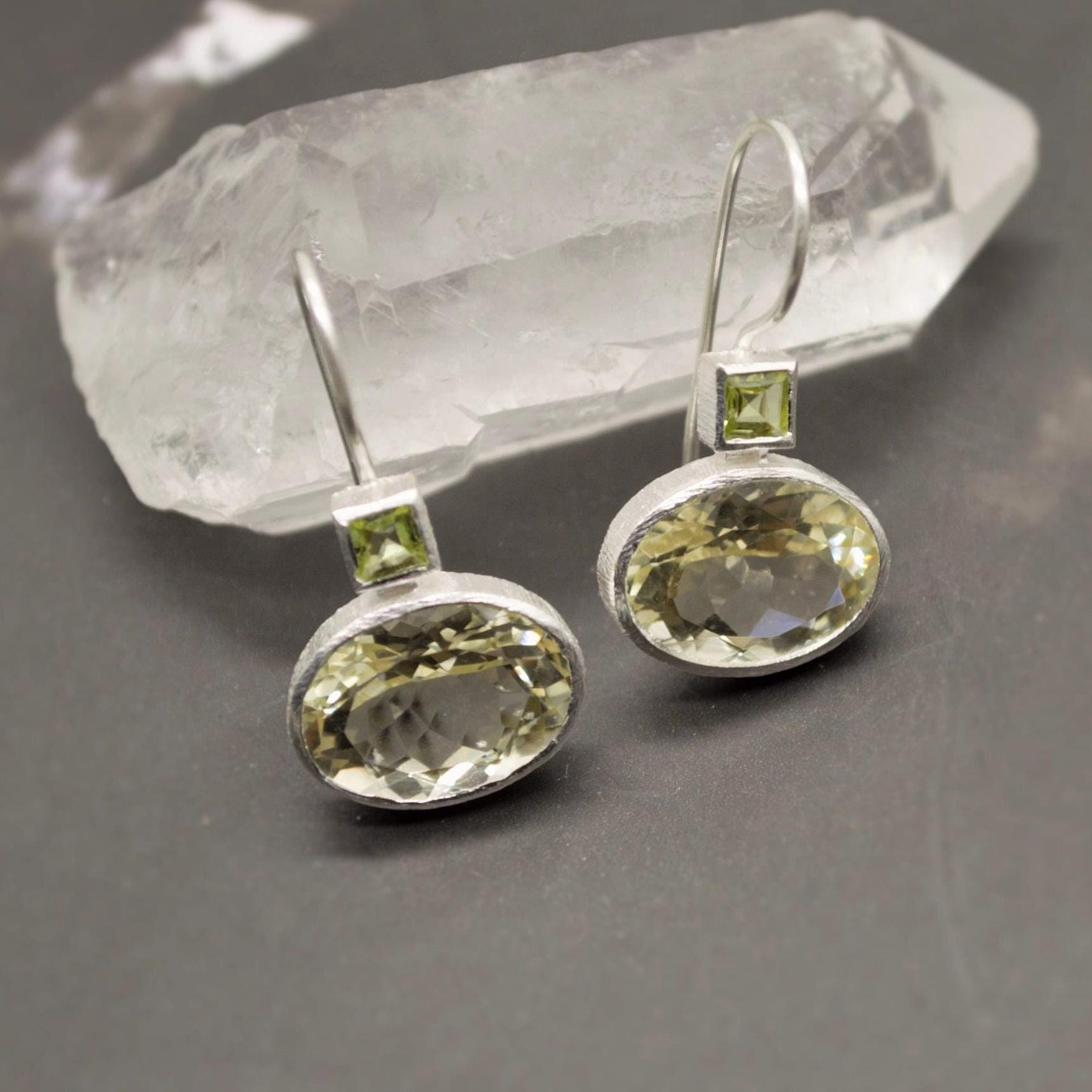 Lemon Quartz Peridot Earrings: Silver, August Birthstone, Unique Dangle Drop Earrings, Green Gemstone