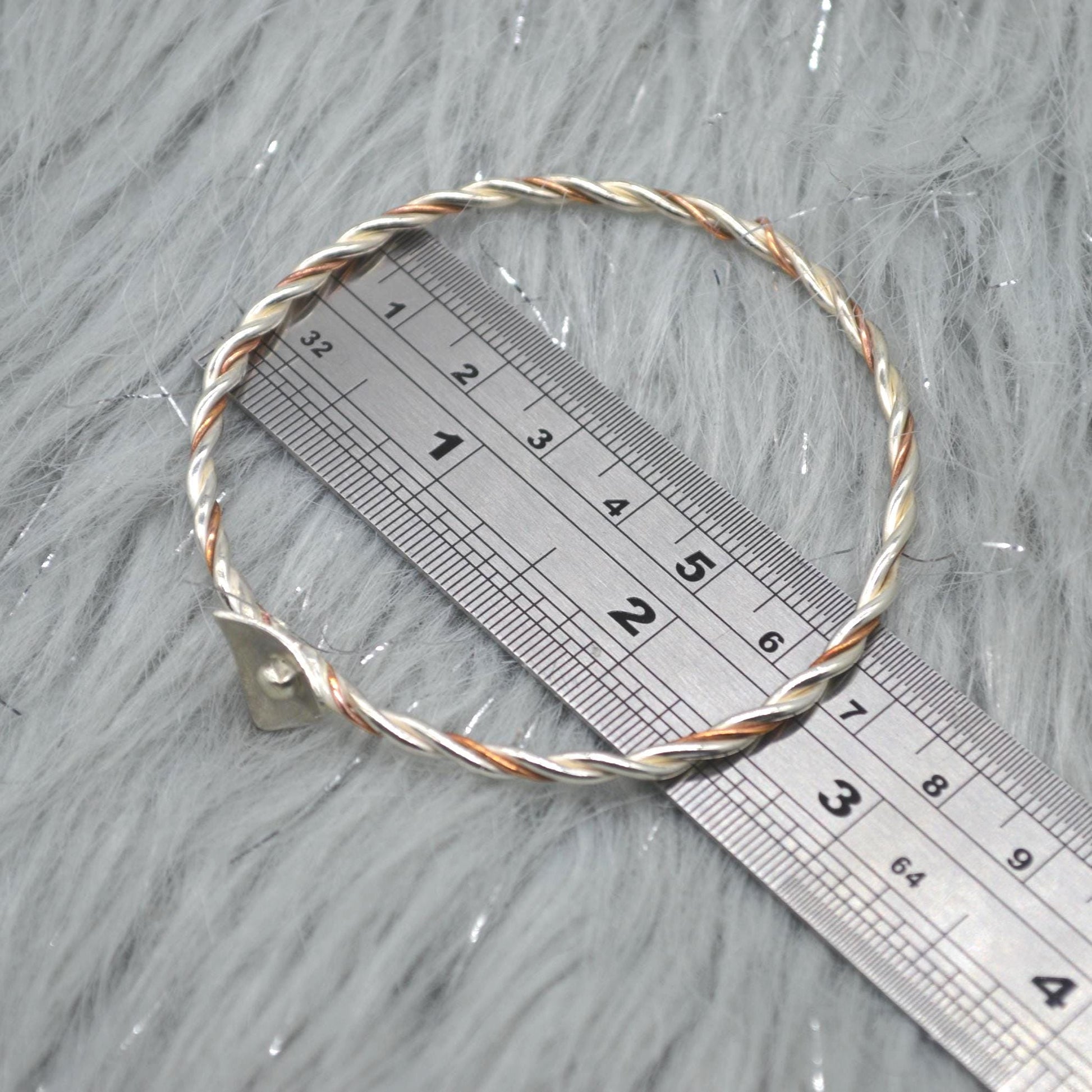 Sterling Silver, Copper Twisted Bangle: 6.5cm, Handmade Mixed Metal Bracelet, Boho Statement Bangle