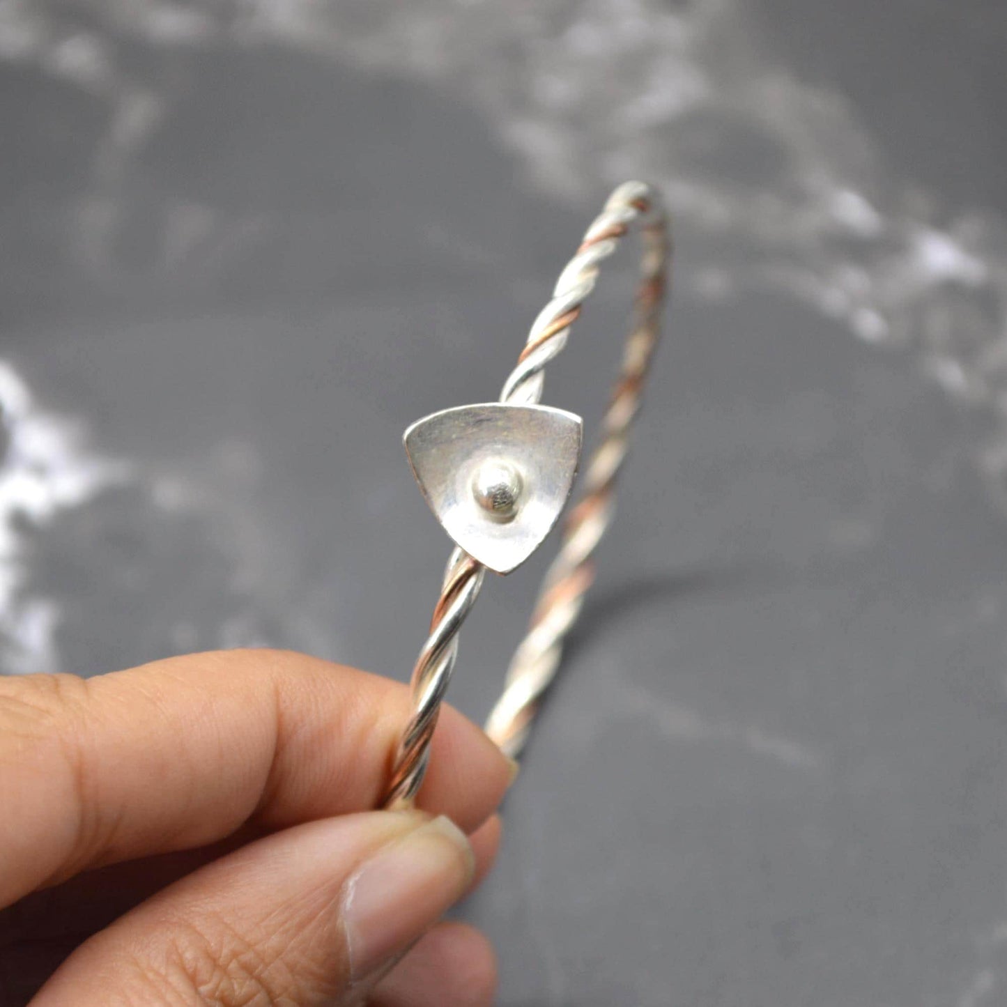 Sterling Silver, Copper Twisted Bangle: 6.5cm, Handmade Mixed Metal Bracelet, Boho Statement Bangle