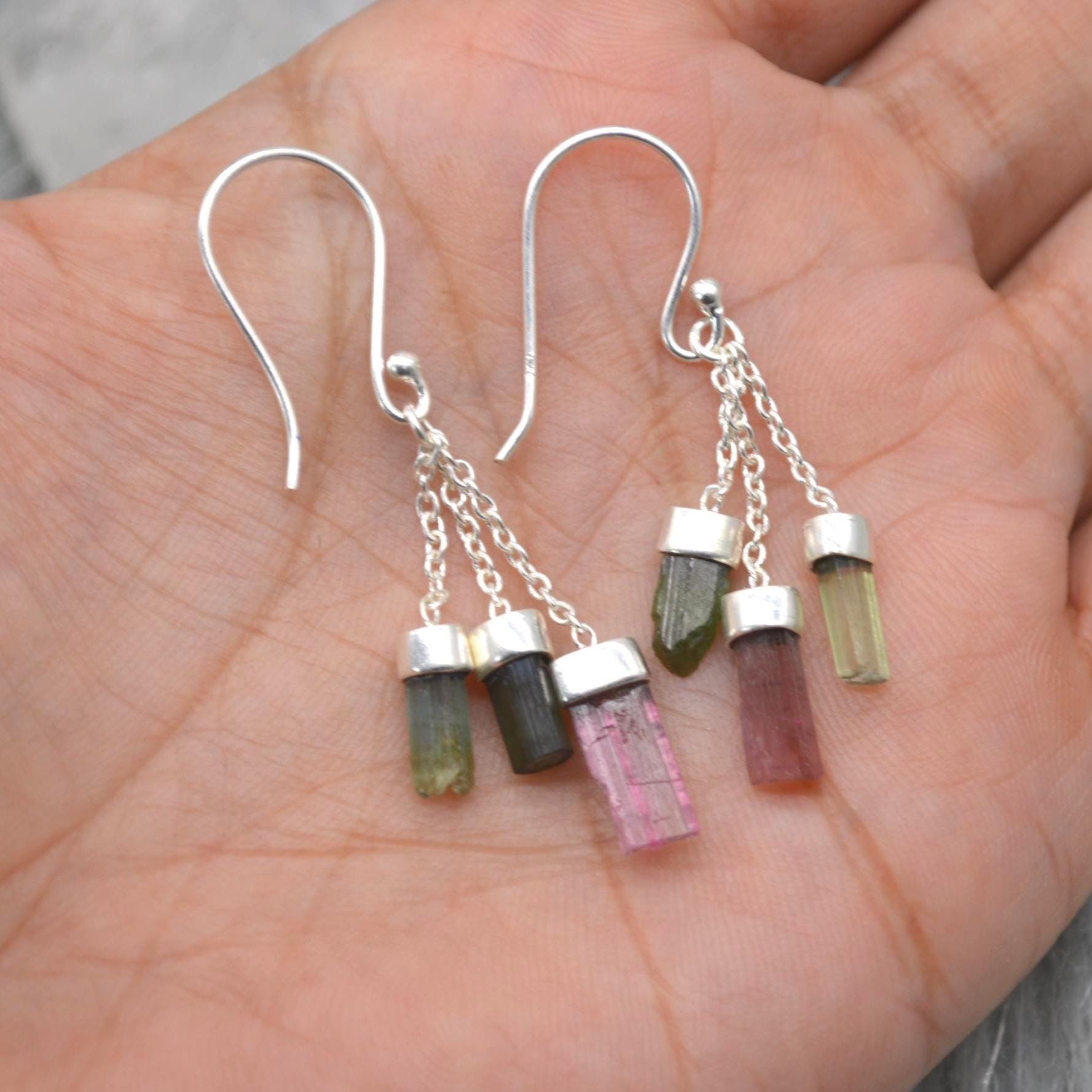 Raw Green Pink Tourmaline Earrings: Sterling Silver, Dangle Drop, October Birthstone Jewelry