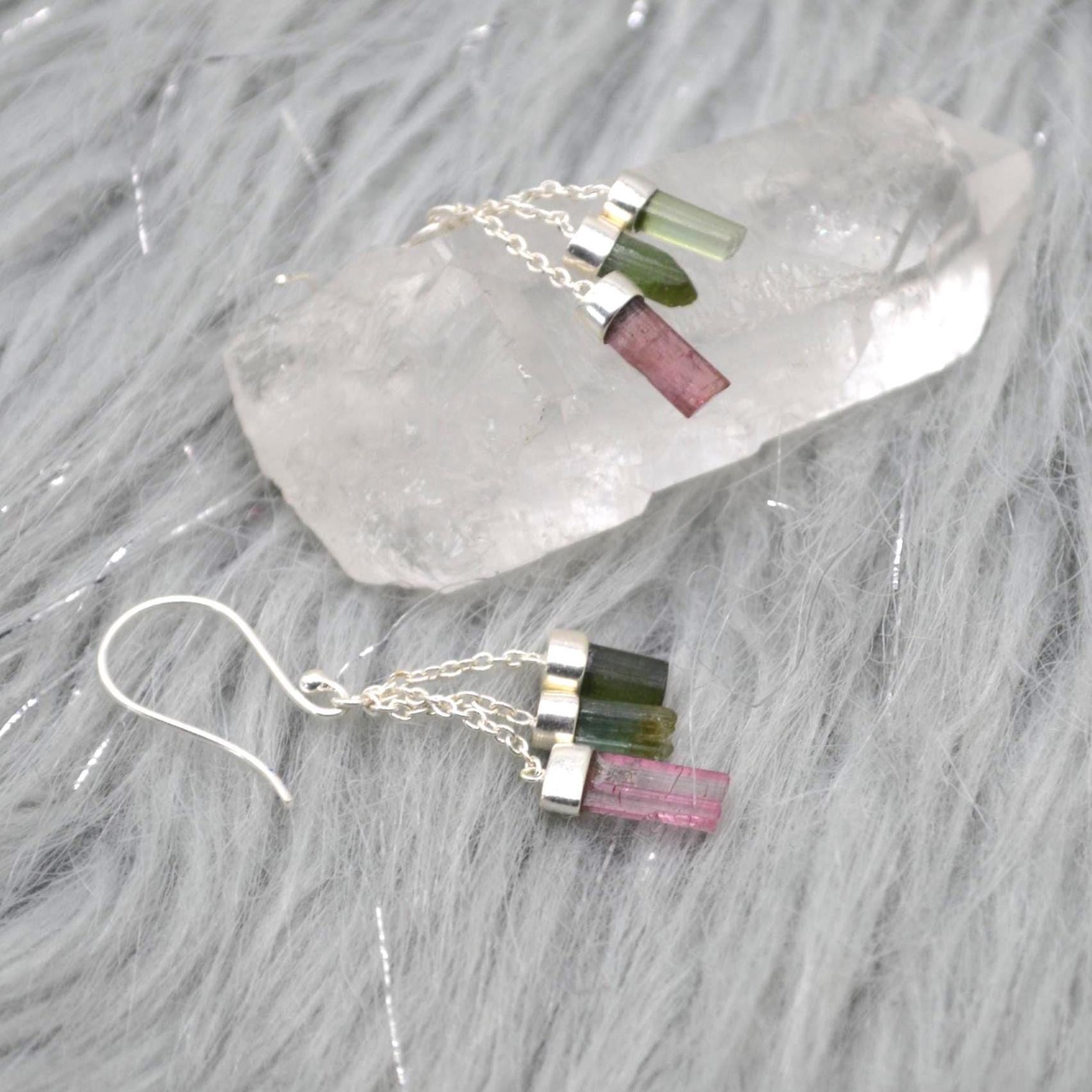 Raw Green Pink Tourmaline Earrings: Sterling Silver, Dangle Drop, October Birthstone Jewelry