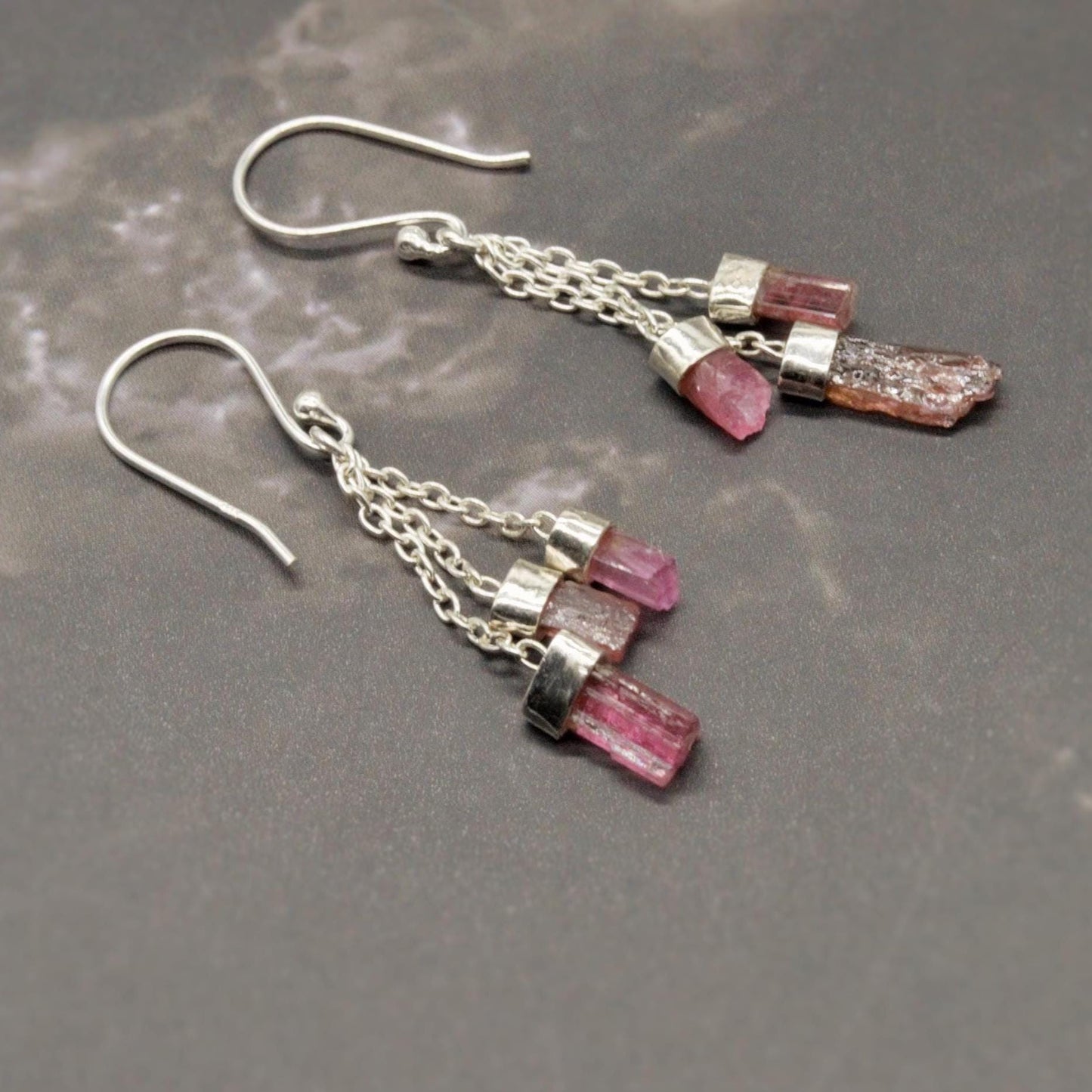 Raw Green Pink Tourmaline Earrings: Sterling Silver, Dangle Drop, October Birthstone Jewelry