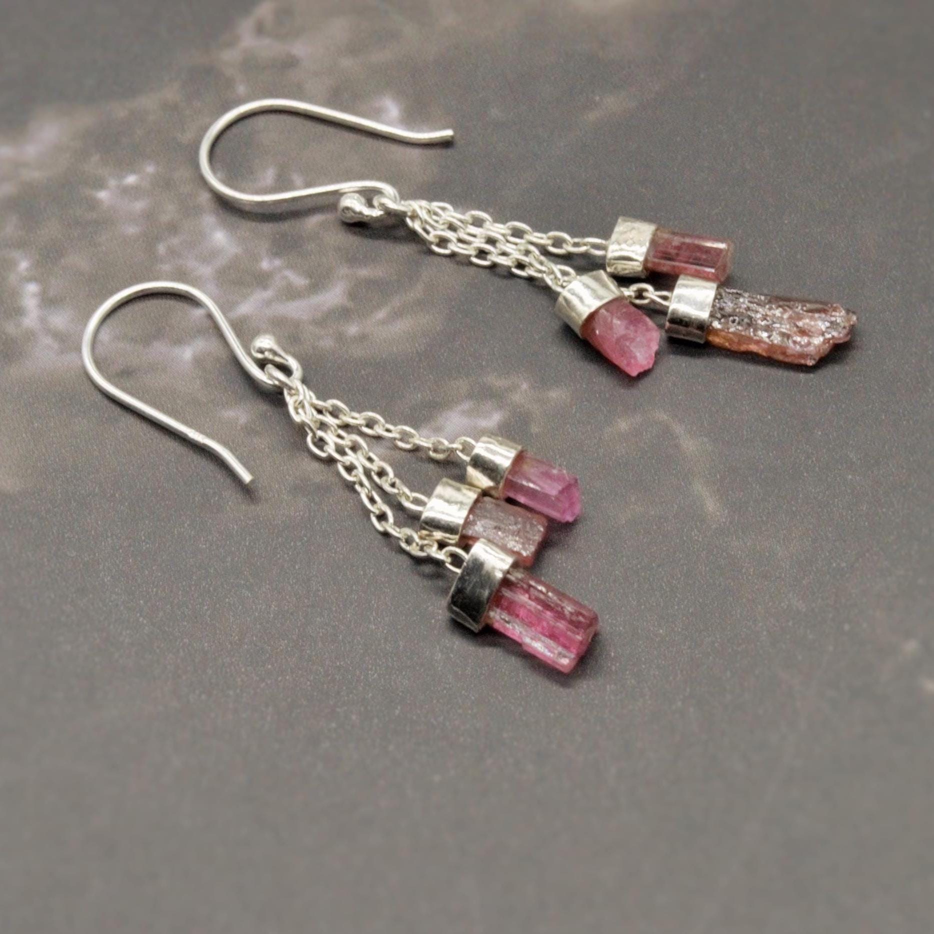 Raw Green Pink Tourmaline Earrings: Sterling Silver, Dangle Drop, October Birthstone Jewelry